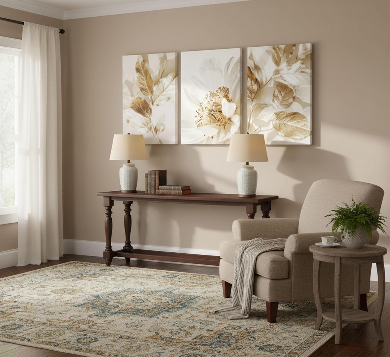3 Pcs Modern White Floral Golden Leaves Canvas Wall Art Neutral Boho Beige Botanical Painting Pictures Nordic Wall Decor Posters Print Artwork for Bedroom Living room Office Home Decoration