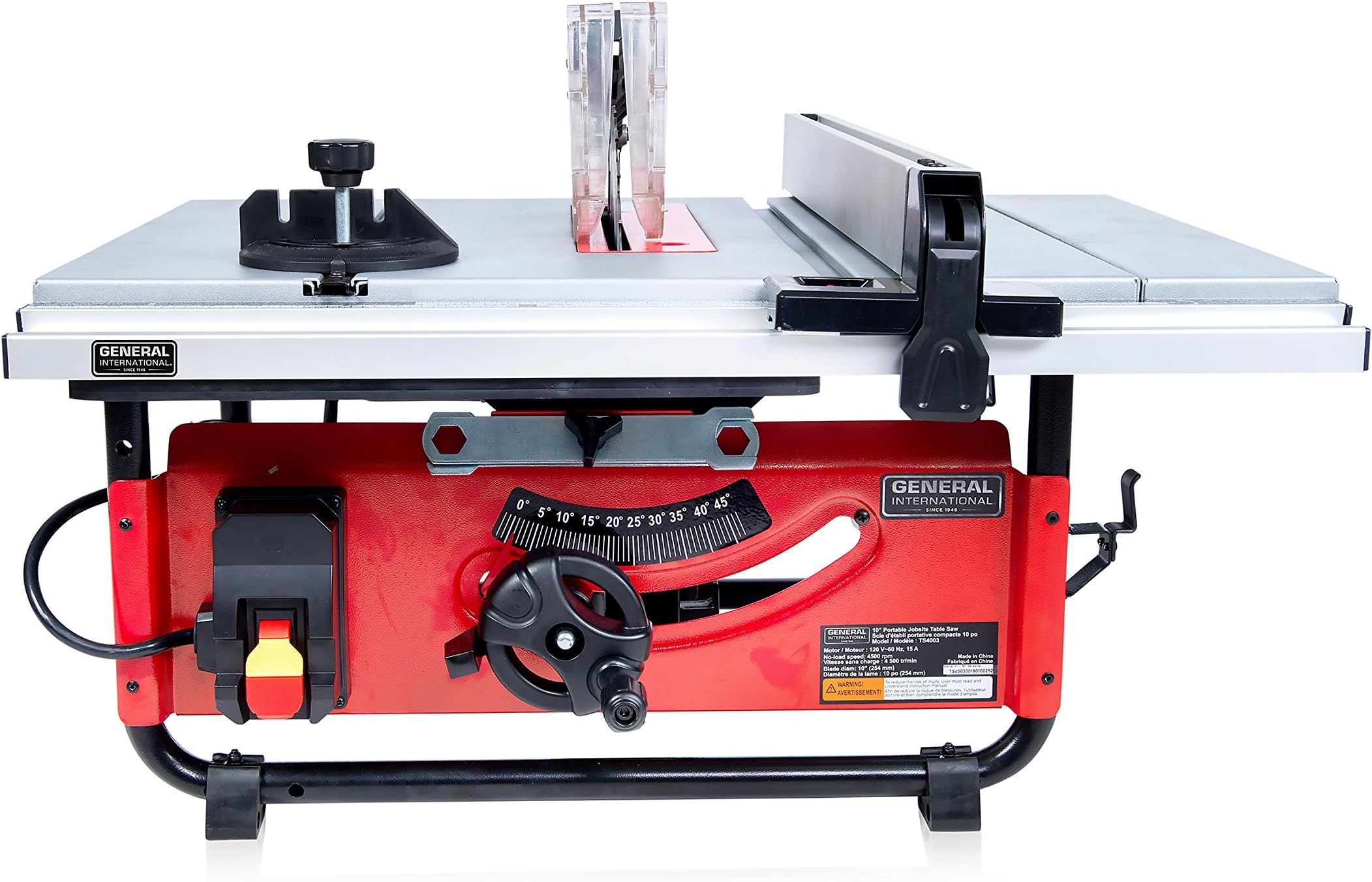 GENERAL INTERNATIONAL 10" Table Saw - 15A 2HP Benchtop Table Saw with 0-45° Bevel & Portable Design - TS4003