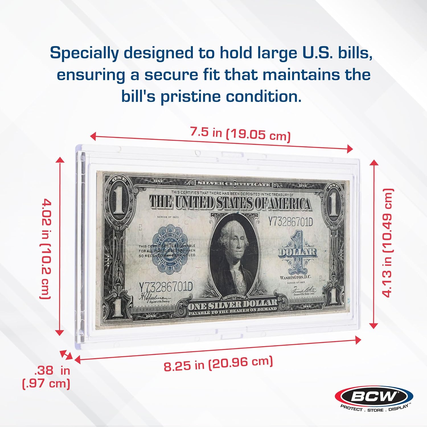 BCW Deluxe Large Bill Slab Currency Holder - 15ct | Crystal-Clear Hard Plastic Money Envelopes | Precision Fit Two-Piece Design | Excellent Dollar Bill Sleeves for Long-Term Storage