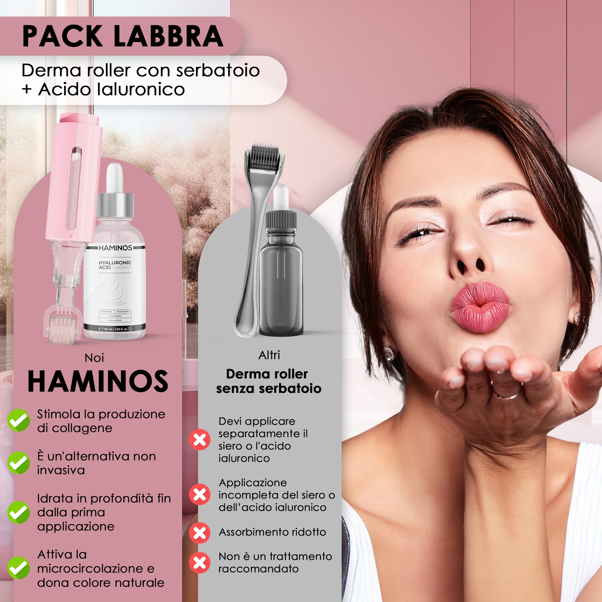 HAMINOS Derma Roller 0,25 mm con Siero Acido Ialuronico per Donne, Microneedle Roller con Serbatoio, Applicatore Siero per Labbra Idratate, Lisce e dall’Aspetto Più Voluminoso