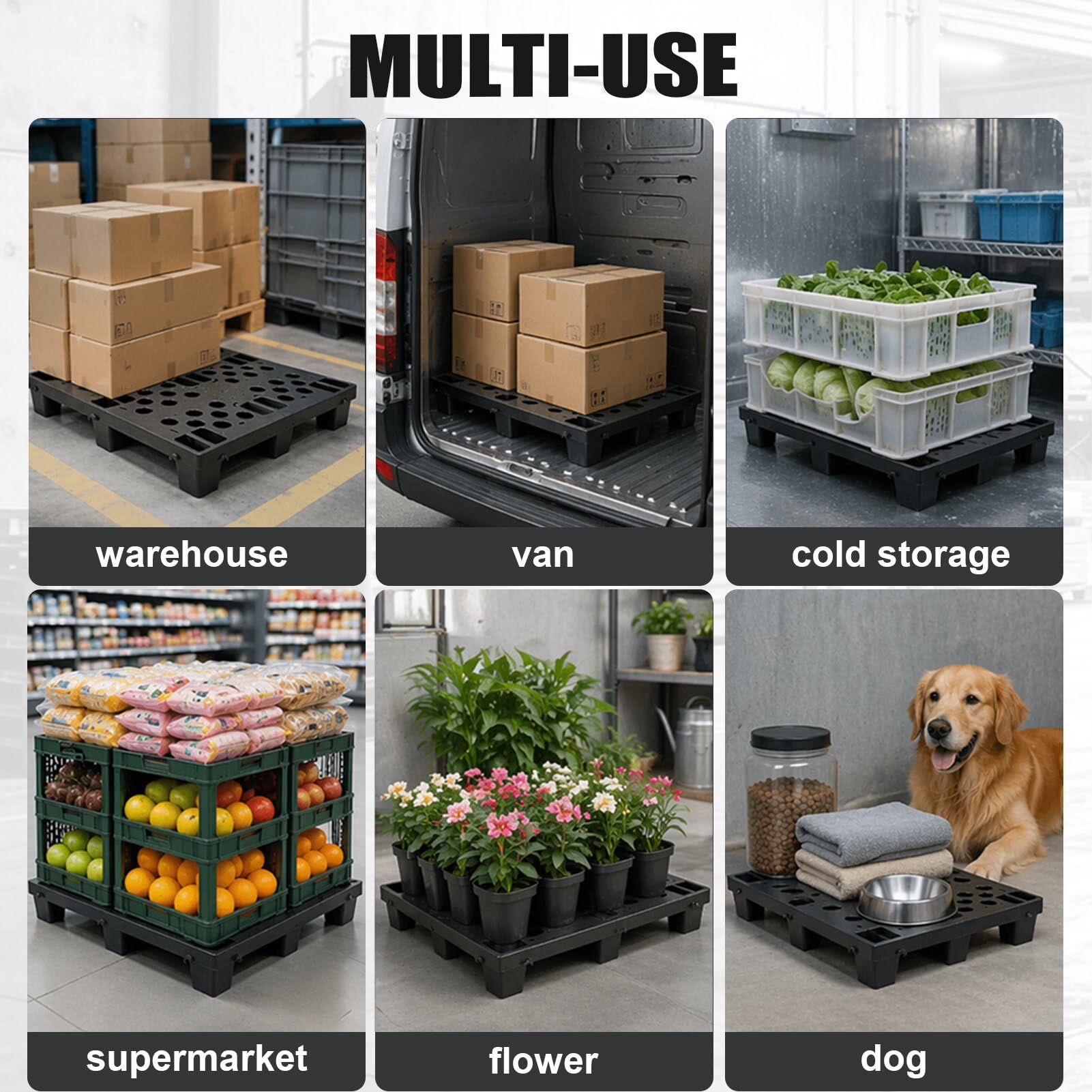 Bancali Neri in Plastica 50x30x10 cm, 6 Pezzi Incastro | Pedana per Stoccaggio Impermeabile, Pallet in Plastica per Magazzino, Supermercato, Garage, Cucina e Negozio