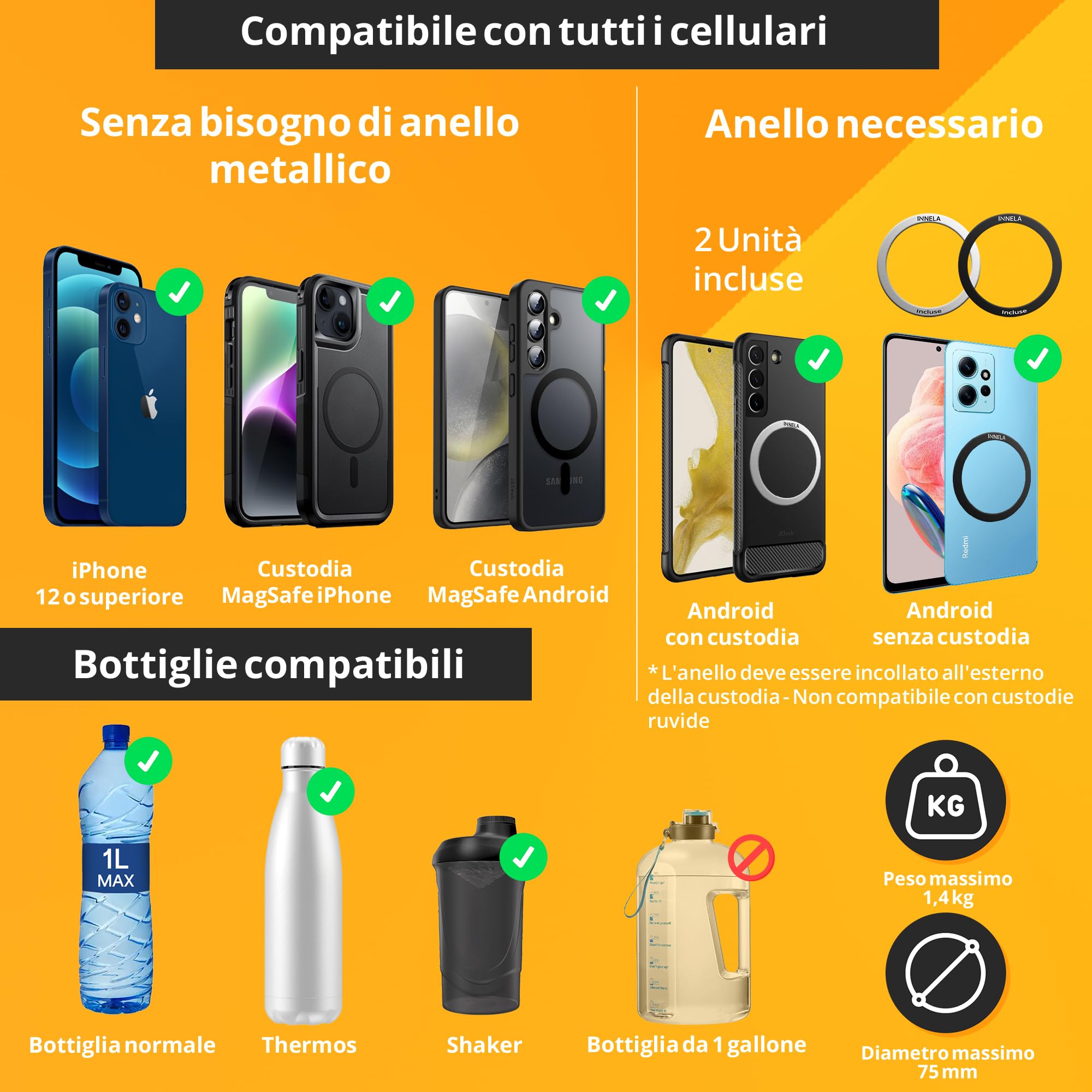 MagnetFit - Custodia Magnetica per Bottiglia d'Acqua da Palestra - Compatibile con MagSafe Apple e con Qualsiasi Smartphone Android - Tasca per AirPods e Chiavi