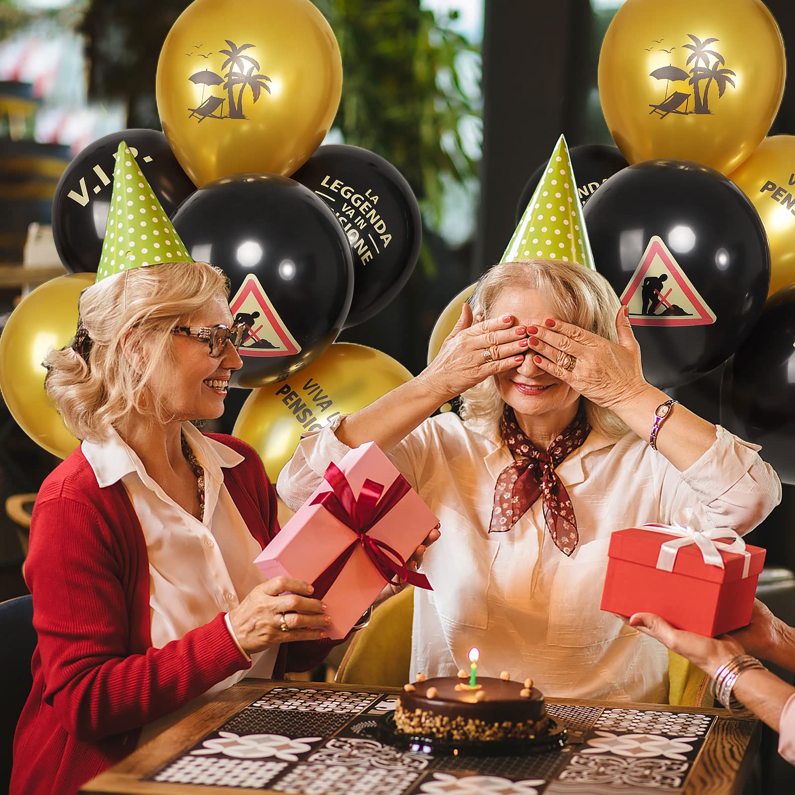 Palloncini decorativi per feste di pensione, 35 pezzi, colore nero, oro, pensione, decorazione per torte, compleanno per pensioni, donne, regalo per uomini, pensioni, feste di addio, pensionamento