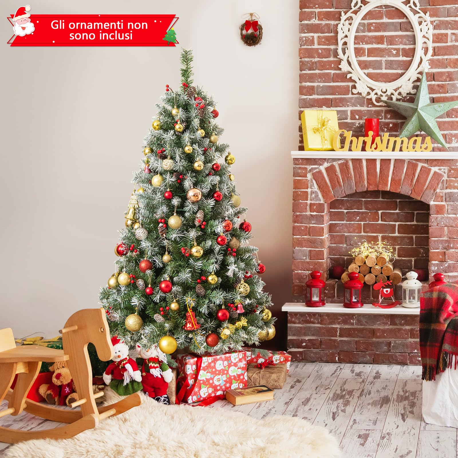 RELAX4LIFE Albero di Natale 150/200CM, Albero di Natale Verde Innevato con 200/420 Luci, 42/69 Pigne e 126/207 Bacche Rosse, Rami Rorte, per Casa e Negozio (200cm)