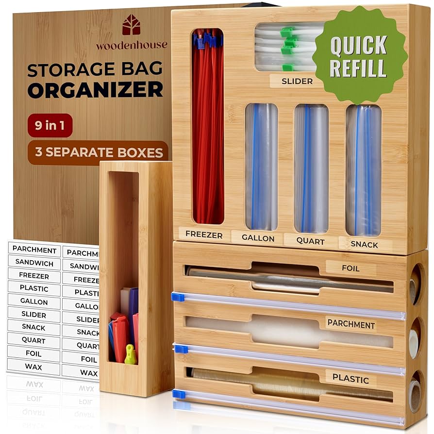 Bamboo Storage Bag Organizer, 9 in 1 Sandwich Bag Organizer, Aluminum Foil and Plastic Wrap Organizer with Labels Included. Baggie Organizer for drawer, Compatible with Gallon, Quart, Snack size bags