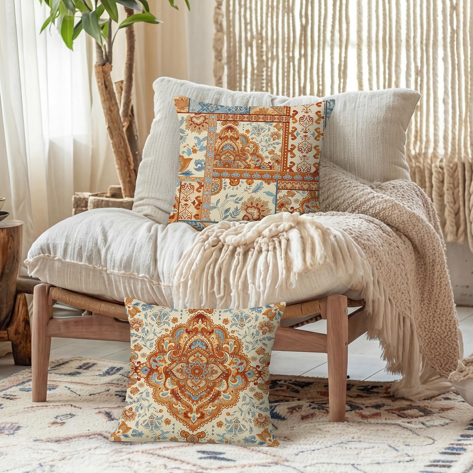Bonhause Boho poszewki na poduszki dekoracyjne 45 x 45 cm, zestaw 2 sztuk, vintage, boho, etniczny, dywan, brązowy, pomarańczowy, niebieski, kwiaty, liście, na zewnątrz, dekoracyjne poszewki na