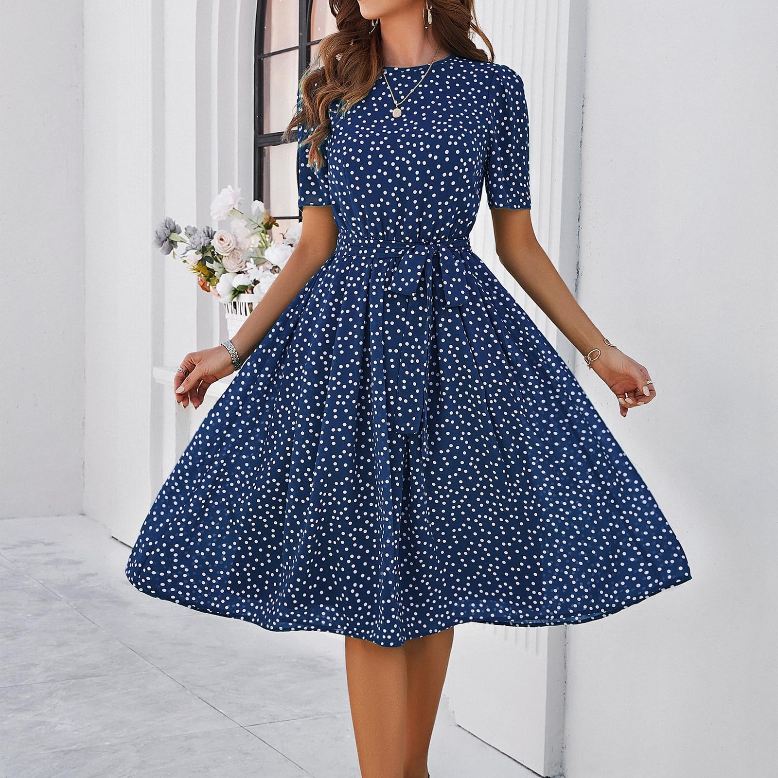 Midikleid Damen Sommer Punkte Chiffonkleid Elegant A Linie Sommerkleid Frauen Midi Kurzarm Italienische Kleider Gepunktet Kleid Chiffon Mit Gürtel Sommerkleider Leicht Und Luftig Partykleid
