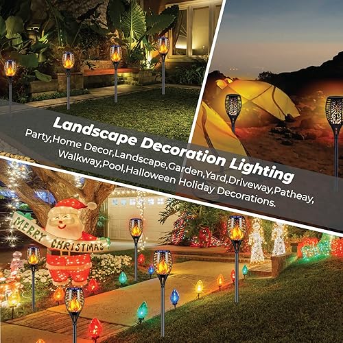 Miniatura 4 de XODO Paquete de 4 luces solares de jardín con llama parpadeante, impermeables, 100 luces LED solares de camino para patio, decoración de porche
