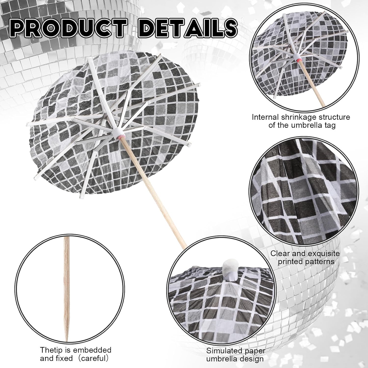 Chengu 100 Pcs Disco Cocktail Umbrella Silver Drink Picks