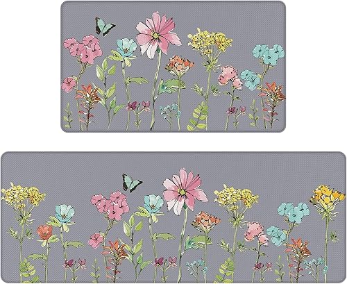 Juego de 2 tapetes de cocina con flores coloridas y mariposas para piso, juego de 2 alfombras de cocina florales multicolores, antideslizantes,