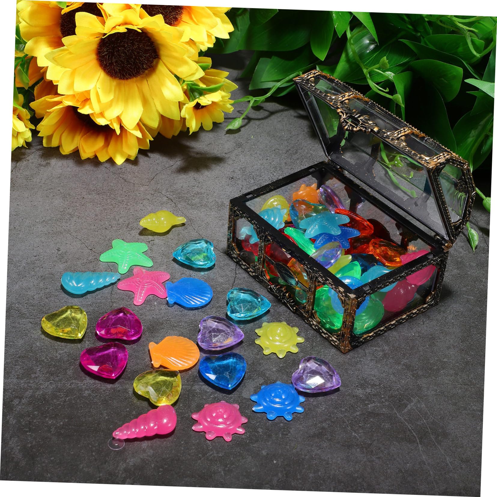 LIOOBO 1Set Colorful Diving Gems with Treasure Chest Plastic Gemstones for Pool Games Beach Parties and Summer Activities Great present Idea for Family Fun