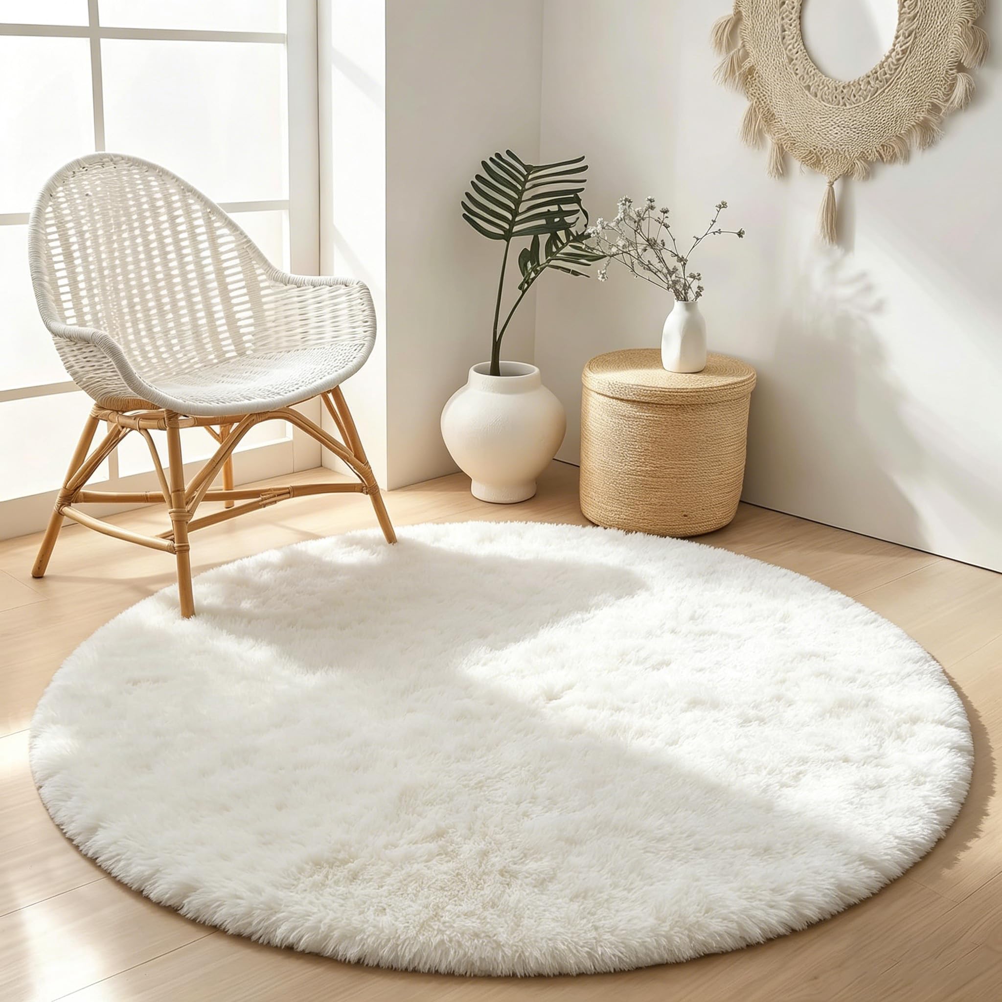 BEIMO Soft Fluffy Round Rugs 160cm, Tie Dye Super Plush Shaggy Area Rug, Faux Fur Carpets, High Pile Rug Non Shedding, Soft Rugs for Living Room, Pure White