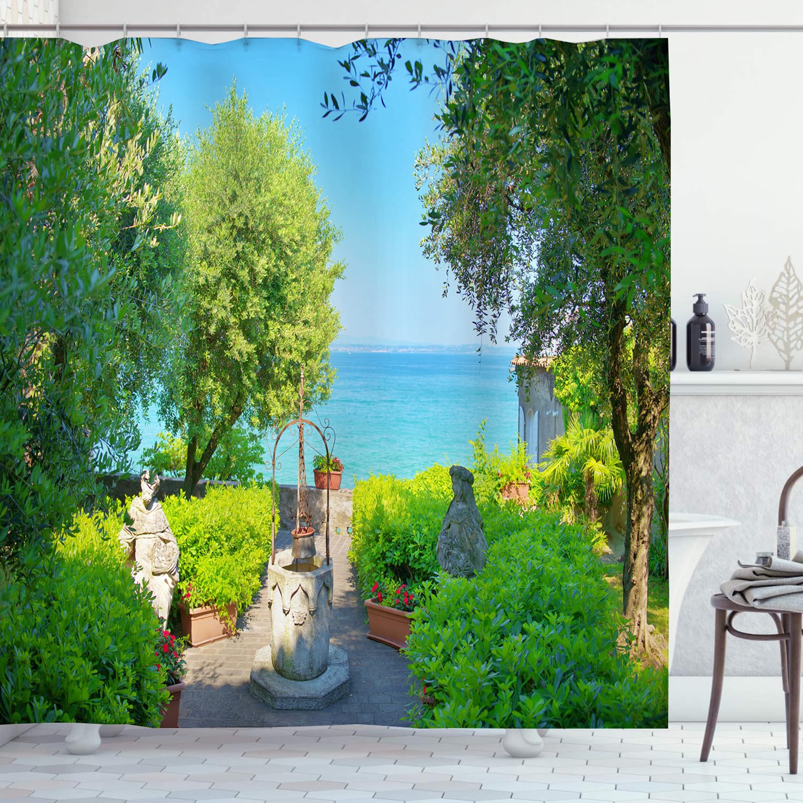 OCEUMACO Garden Shower Curtain Outdoor, 3D Sunny Seaside Scenery Decorative Shower Curtains Bathroom, Waterproof Fabric Bath Curtain Garden Scene View with Hooks 200x200 cm, A017