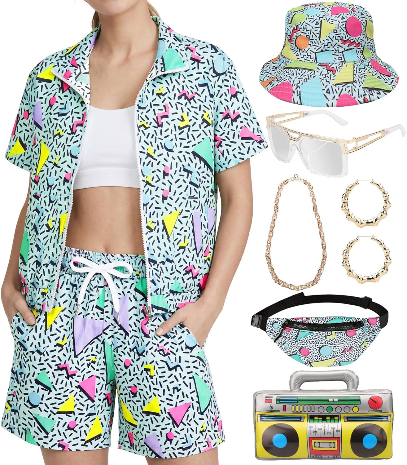 80s 90s Outfits for Women, Retro Workout Neon Tracksuit 8 PCS Set with Color Block Windbreaker Jacket for Hip Hop Party
