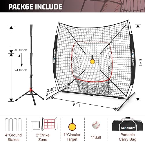 Miniatura 2 de Storgem Red de práctica de béisbol y sóftbol de 6 x 6 pies, red de béisbol portátil para batear, golpear, lanzar y lanzar, bolsa de transporte, zona