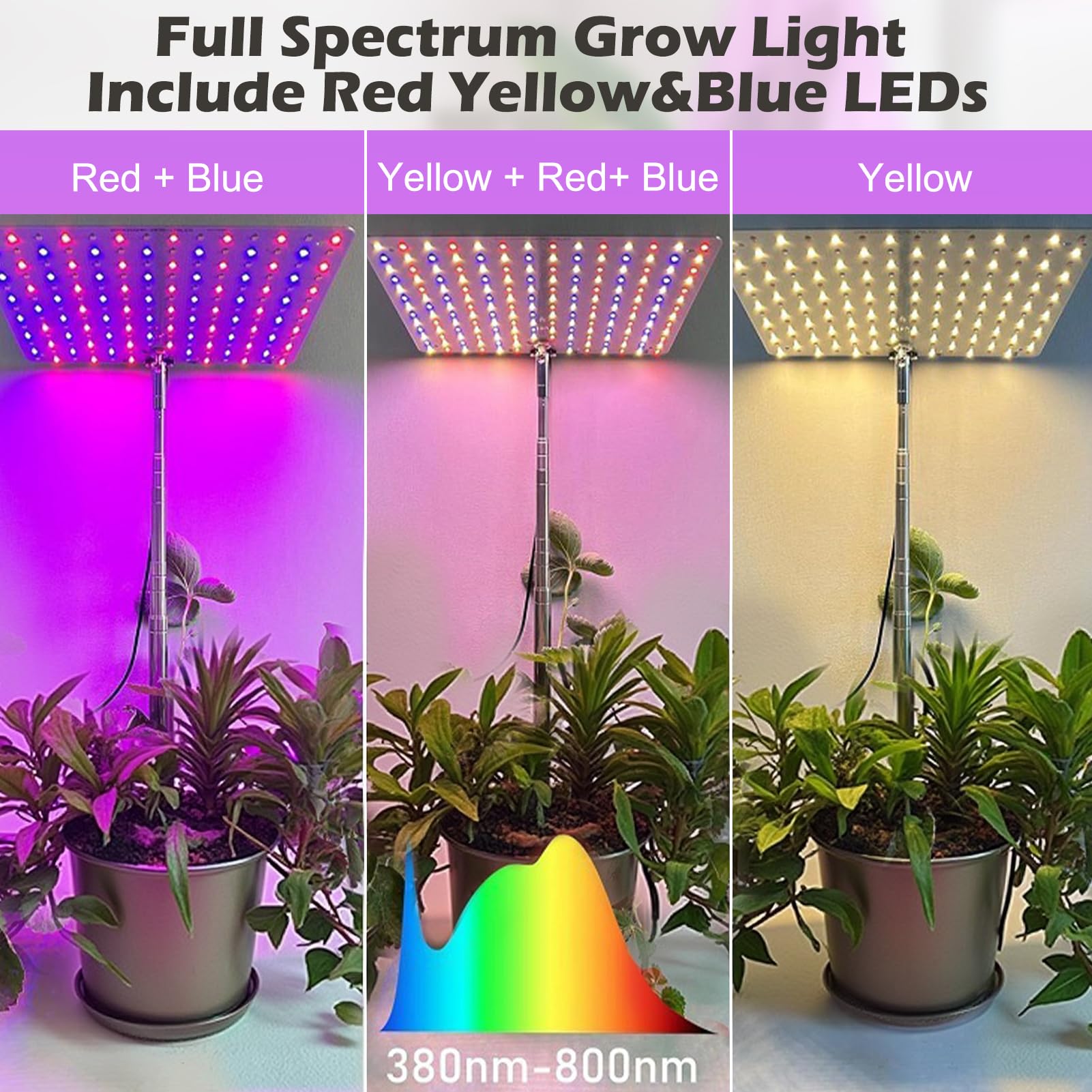 Lampe de croissance avec pied, lumière végétale à spectre complet hauteur réglable 70-180 cm & 3 modes d’éclairage, minuterie automatique marche/arrêt 3/9/12H (2 panneau d'éclairage)