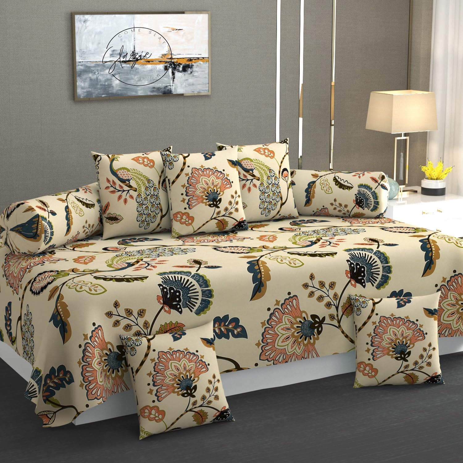 SHOMES Pure Soft Cotton Jaipuri Printed Diwan Set Covers 8 Pieces - 1 Single Bed Sheet (60 X 90) with 5 Cushion (16 X 16), 2 Bolster Covers (16 X 32) - Beige Jaipuri-image-29