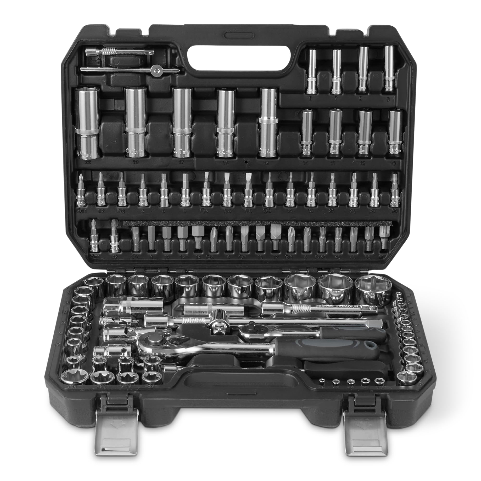 Amazon Basics Steckschlüsselsatz mit Ratschen, Verlängerungen und Bits, CRV-Stahl, Ratschenschlüssel-Set für Heimwerker und Autoreparaturen, 108 Teile, Inklusive Aufbewahrungskoffer