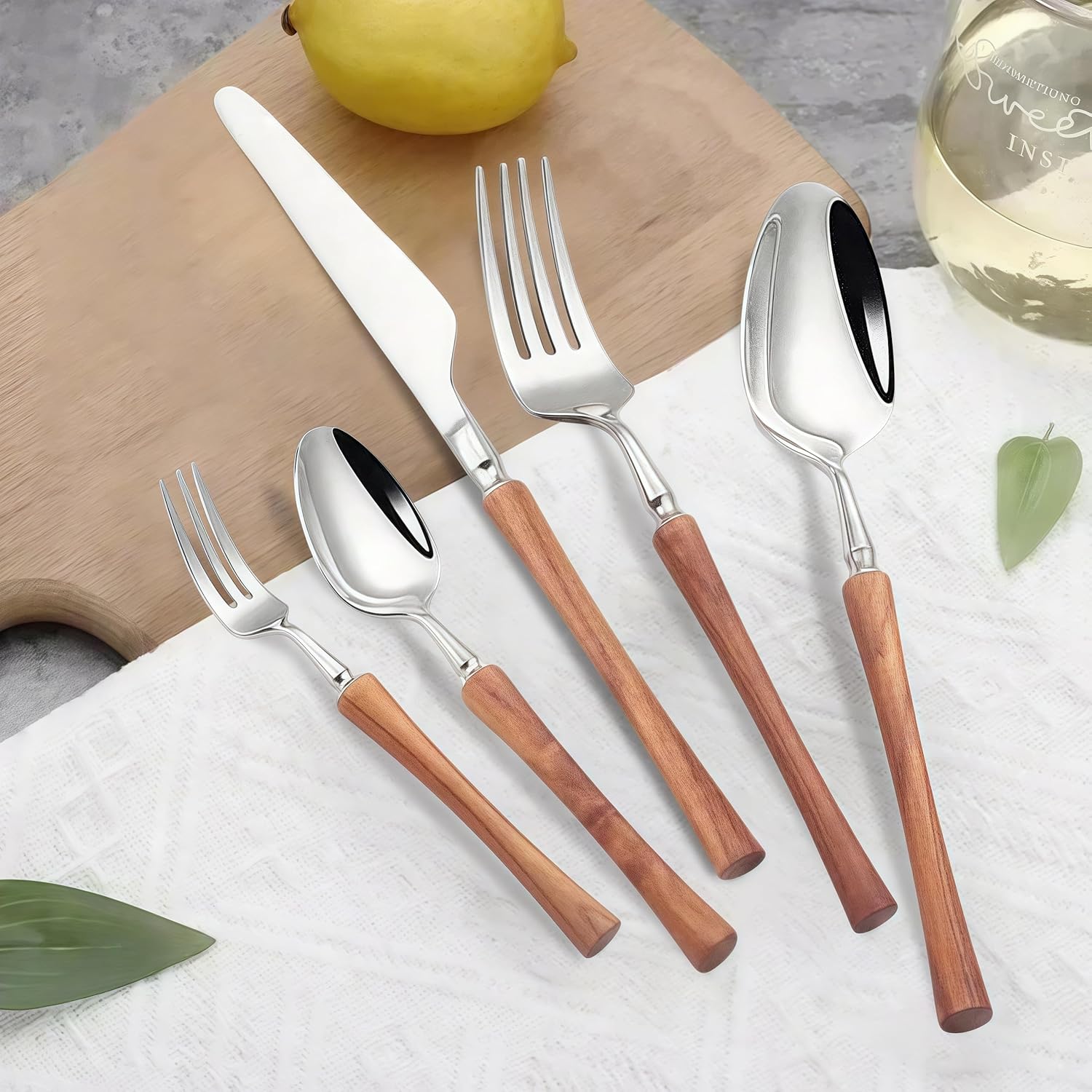wooden flatware set, stainless steel silverware set for 12-60 piece wooden handle cutlery set fine tableware set for dining wedding hotel dishwasher safe