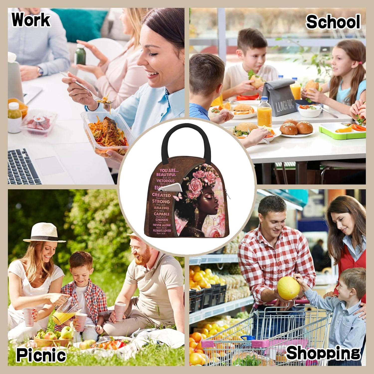 African American Women Lunch Bag Reusable American Afro Woman Lunch Bag Leakproof Insulated Lunch Box Cooler Tote Bag Food Container Snack Bag For Men Women Work Travel Picnic black women gifts - Image 7