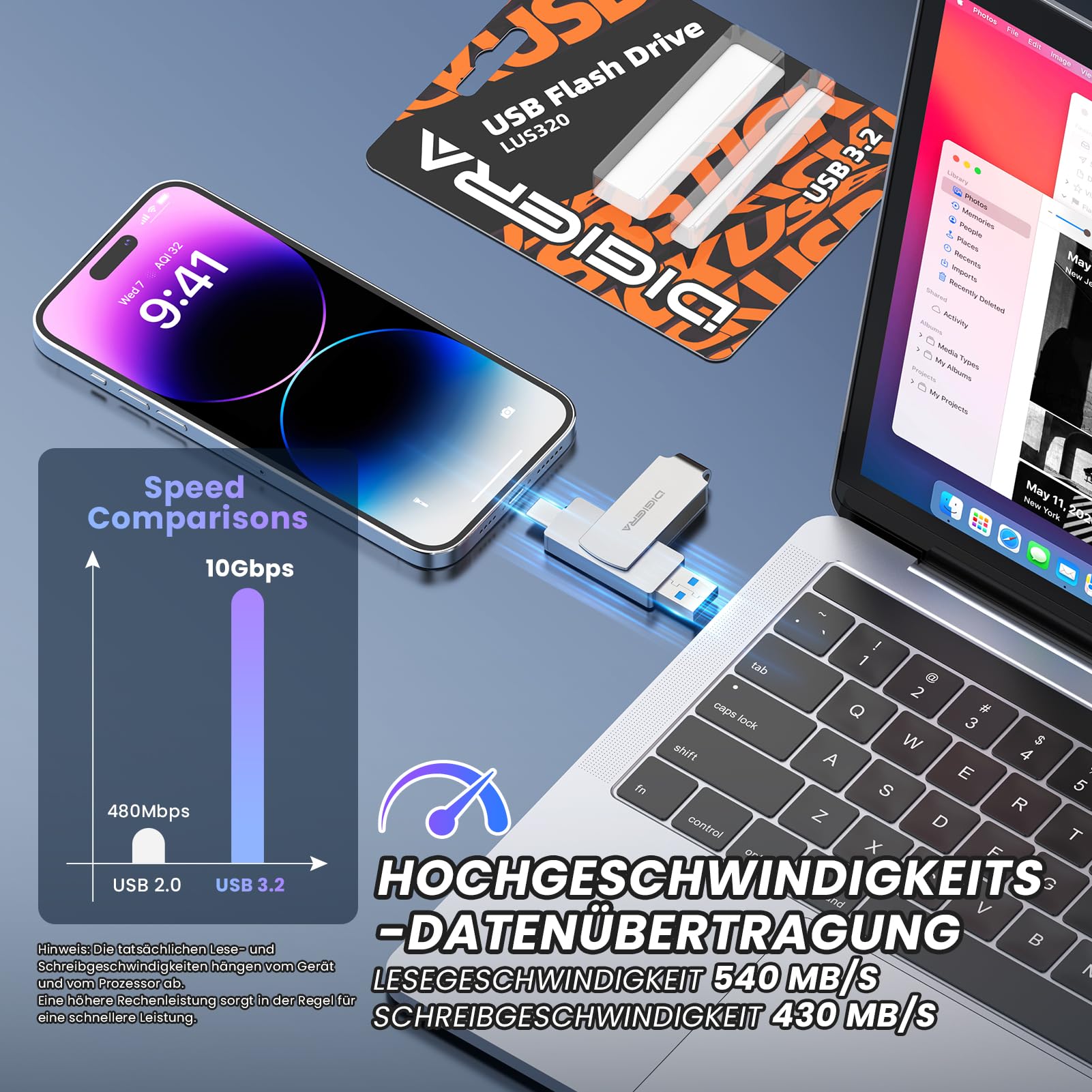 DIGIERA Chiavetta USB 2 in 1 da 512 GB 2 in 1, USB 3.2 Gen 2 Thumb Drive, 500 MB/s in lettura 400 MB/s in scrittura, girevole a 360°, in alluminio, compatta per trasferimento file, backup e
