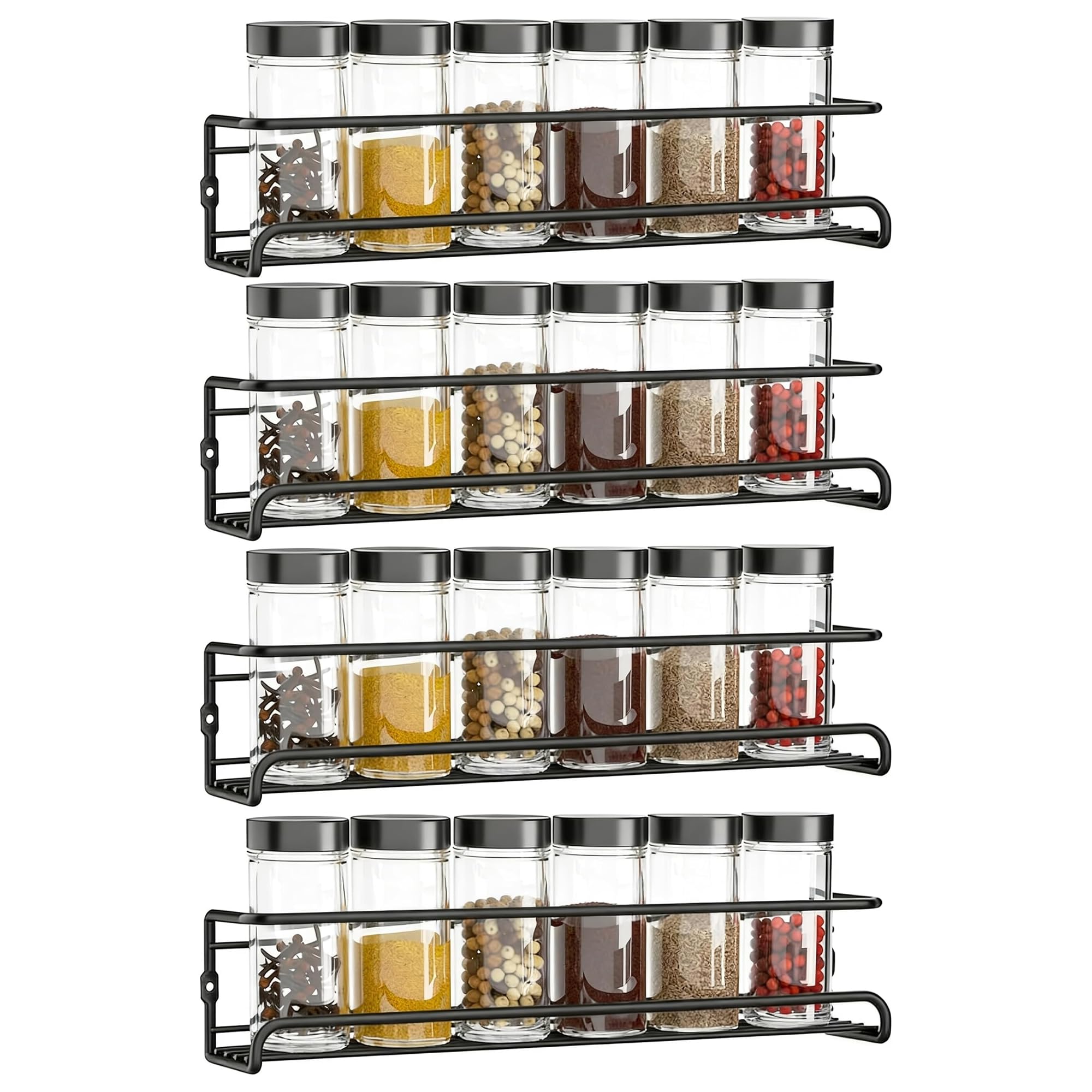 Bitone Spice Racks Organiser,4 Tier Hanging Spice Racks Wall Mounted,Space-Saving Spice Organiser with Adhesive Stickers and Screws Kitchen Pantry Shelf for Spices and Condiments, Jars (Black)