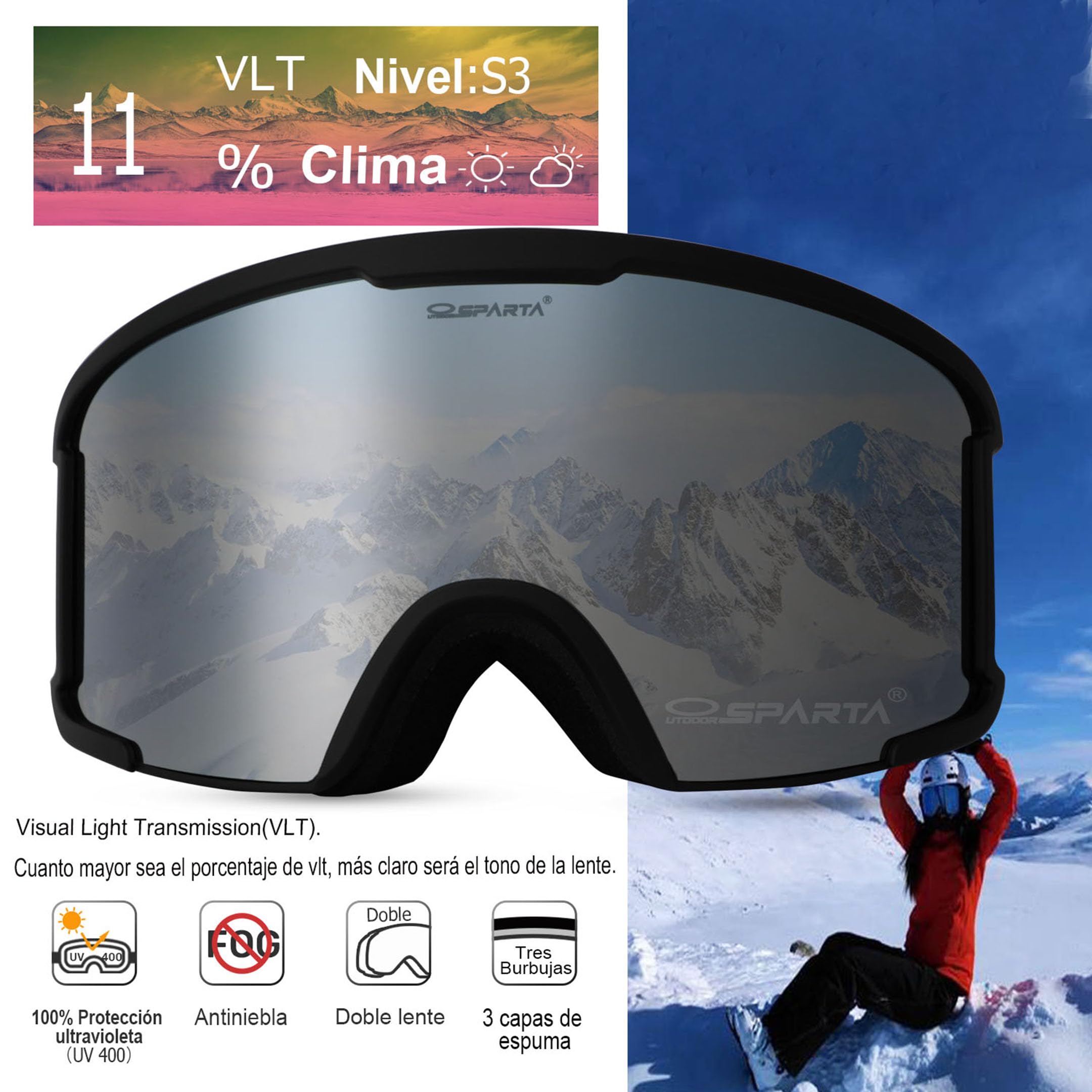 Gafas de esquí para adultos - Gafas de esquí compatibles con casco para hombres y mujeres con protección UV del 100%