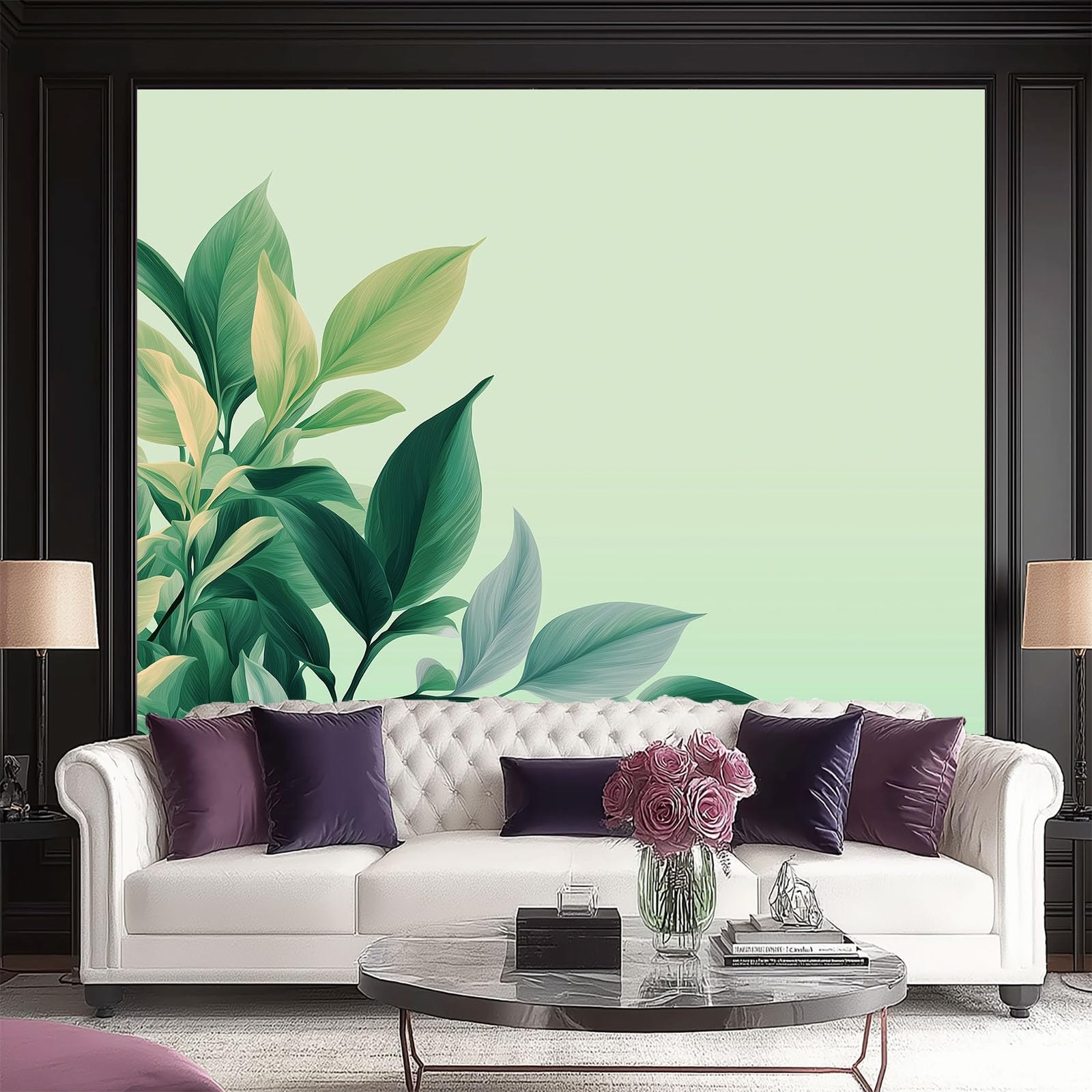 Tapeta z włókniny Proste Rośliny Liść Zbliżenie 300 x 210 cm, Panoramiczna Zielona Tapeta do Salonu Wystrój sypialni Tło TV, Dekoracja ścienna Wewnętrzna sypialnia