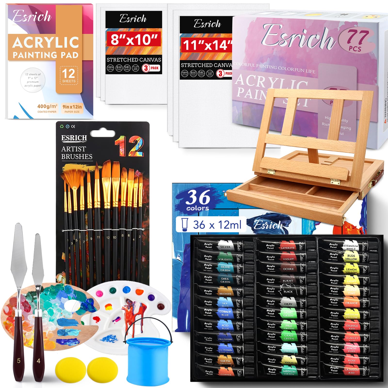 Acrylfarben-Set, 77-teilig, professionelles Farbzubehör mit Pinseln, Acrylfarbe, Tischstaffelei, Leinwand, Malblock, Palette, Malmesser, Pinselbecher und Kunstschwamm für Hobbyisten und Anfänger | 36 Farben, 12 Pinsel, 6 Leinwand, Malblock, Palette, Malme