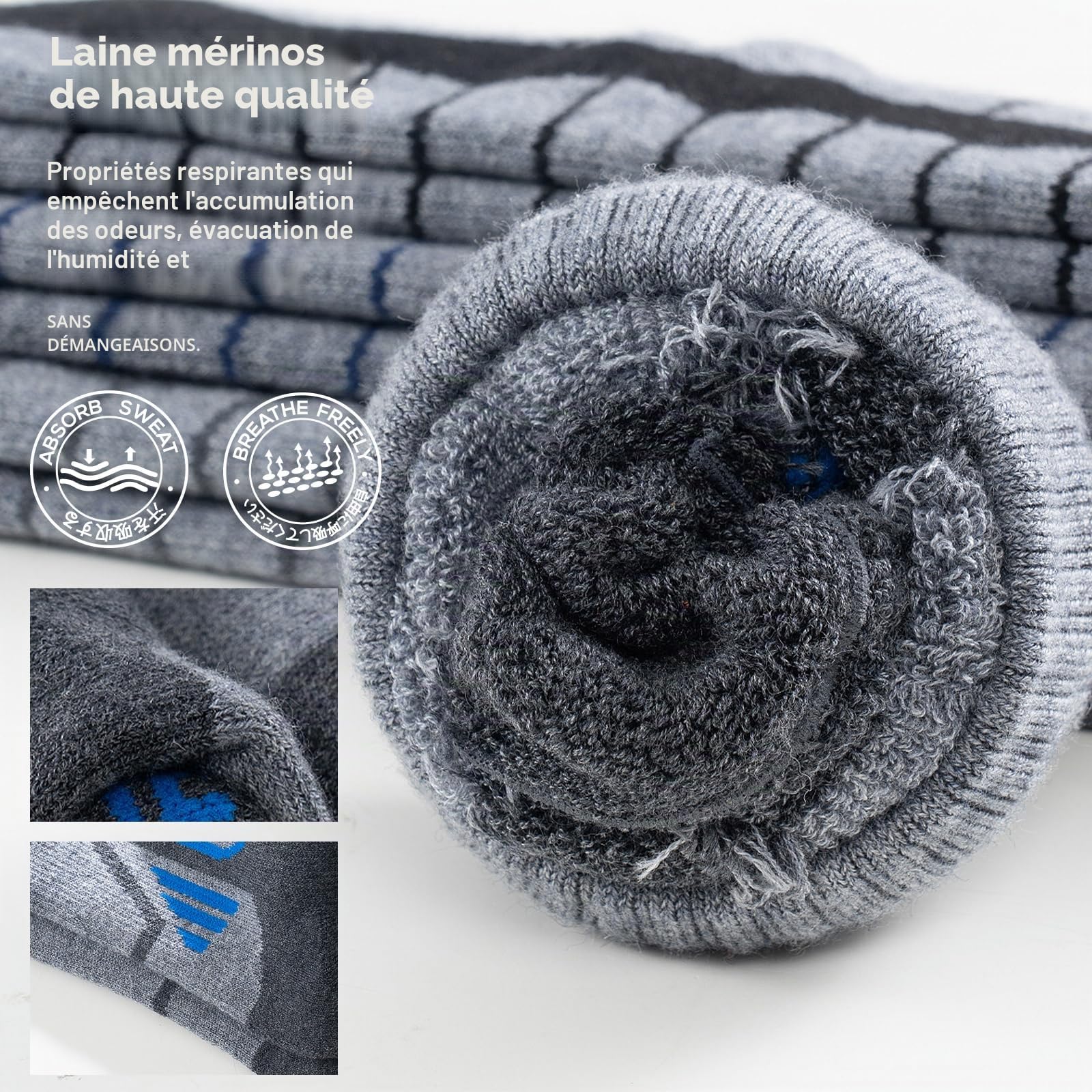 Chaussettes de Ski Homme - Chaussettes de Ski en Mérinos,Respirantes et Confortables,Idéales pour Ski,Snowboard et Sports d'Hiver,Gris（45-48） 2 Paires