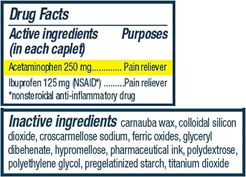 Vista 21 de Advil Doble acción con combinación de acetaminofeno de 250 mg de ibuprofeno y 500 mg de acetaminofeno recubiertas para 8 horas de alivio del dolor