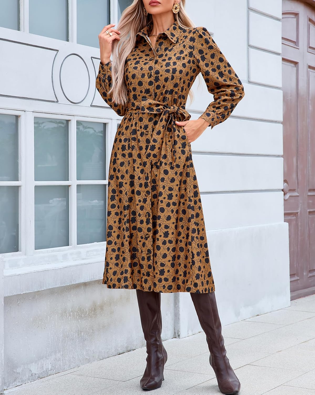 Women's Corduroy Maxi Dress Long Sleeve Cord Button Down Fall Shirt Long Dress with Belt - Image 5