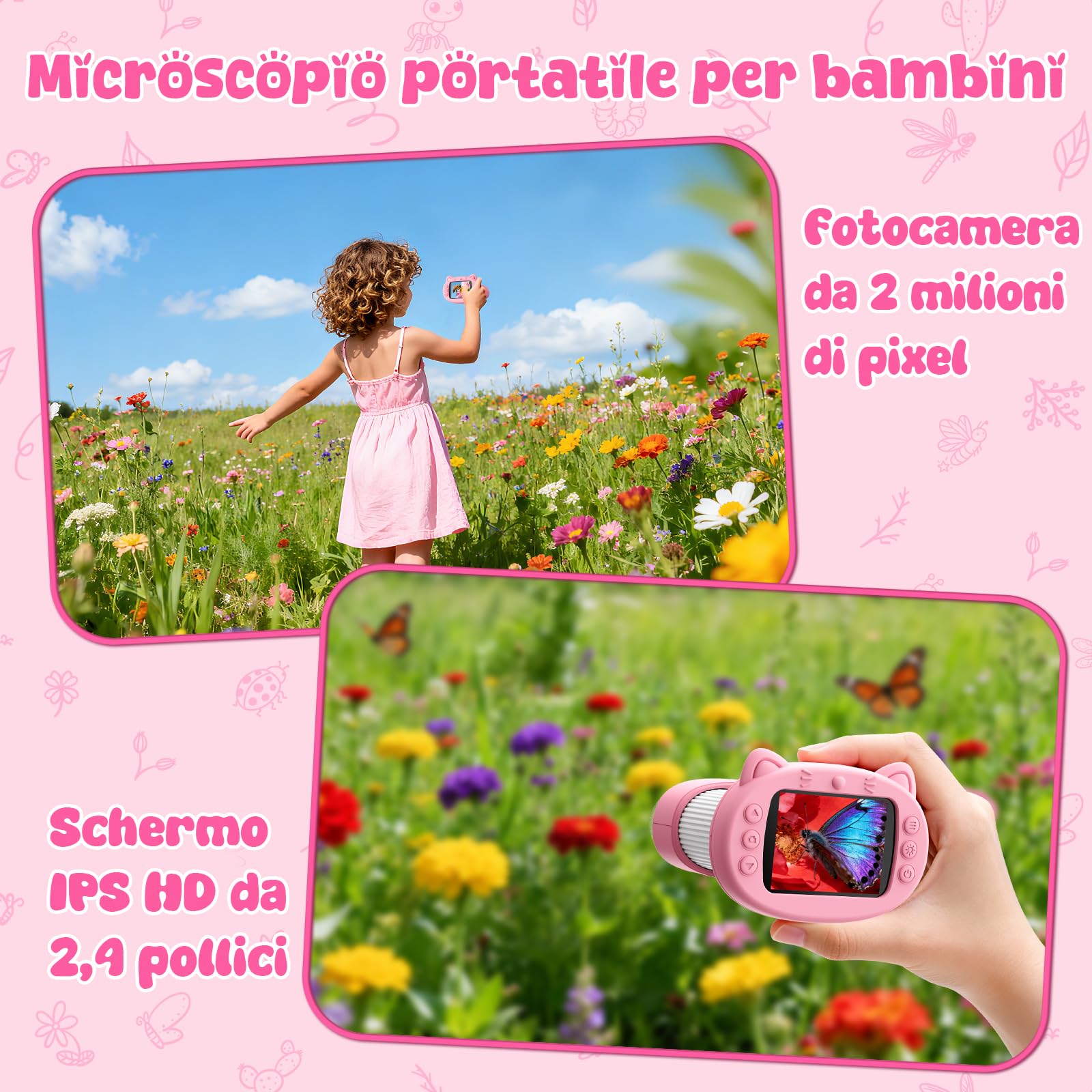 2 in 1 Microscopio Digitale e Telescopio per Bambini, 1000x Zoom, Schermo da 2,4 Pollici, Schermo HD da 2 MP, 8 Luci LED - Un Regalo Perfetto per Bambini Dai 6 ai 12 Anni