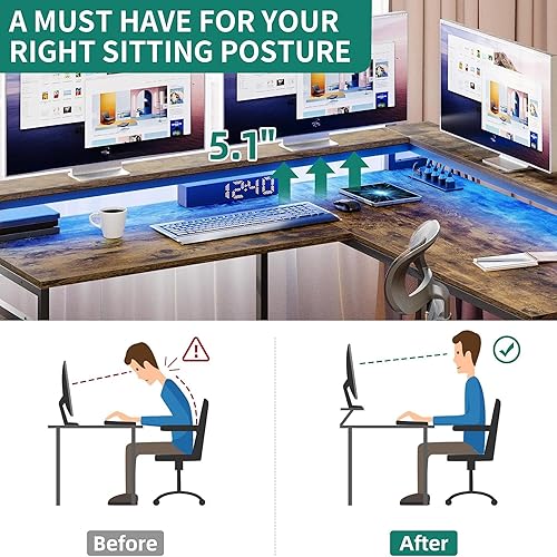 Miniatura 8 de YITAHOME Escritorio en forma de L con tomas de corriente y luces LED, escritorio reversible para computadora con cajones y gabinete, escritorios de
