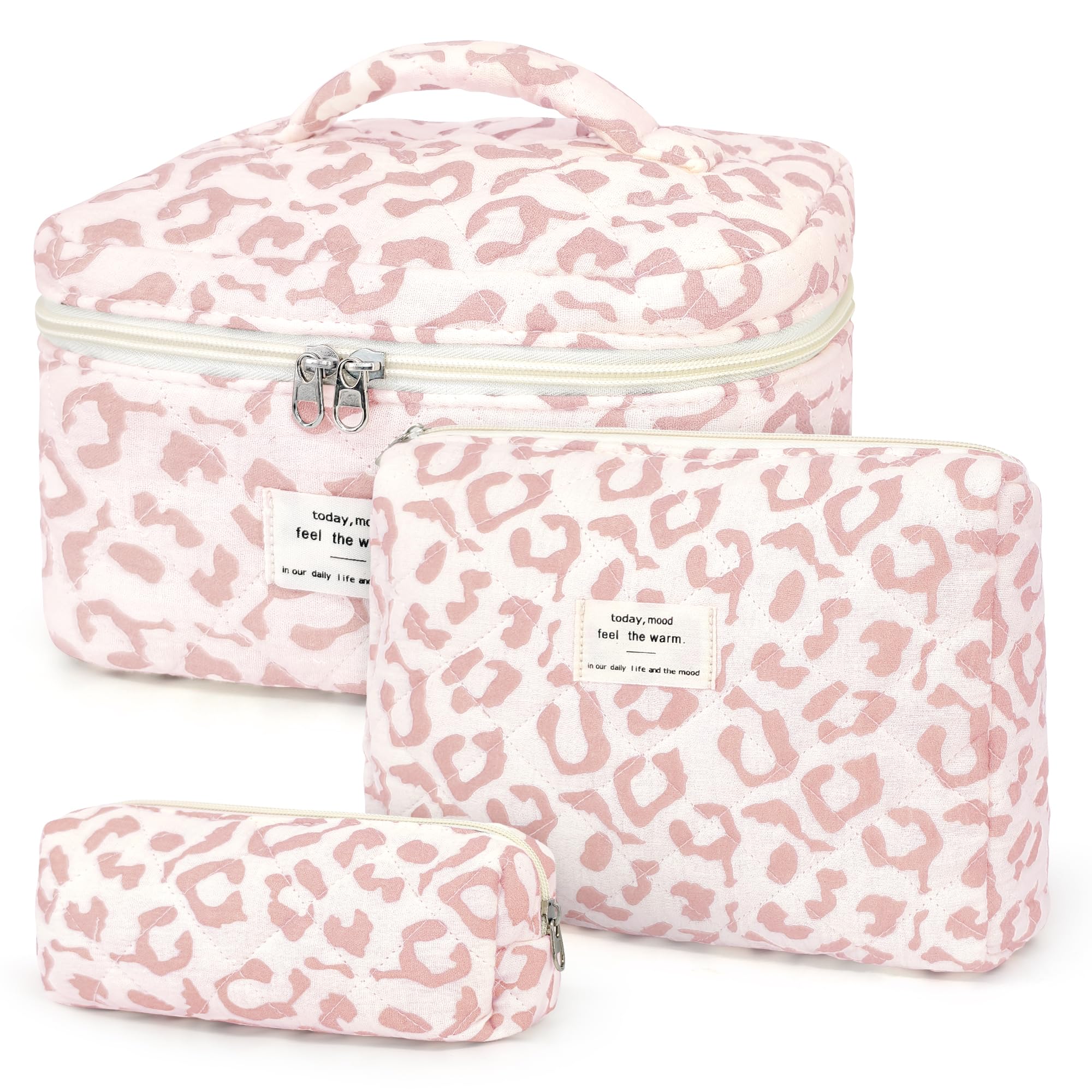 YMIFEEY 3 Stück Kosmetiktasche Kulturtasche Damen Kulturbeutel Make Up Tasche Groß Klein Set, Schminktasche Makeup Bag Waschtasche Reise Cosmetic Bag Beauty Case Organizer für Frauen (Rosa Leopard)