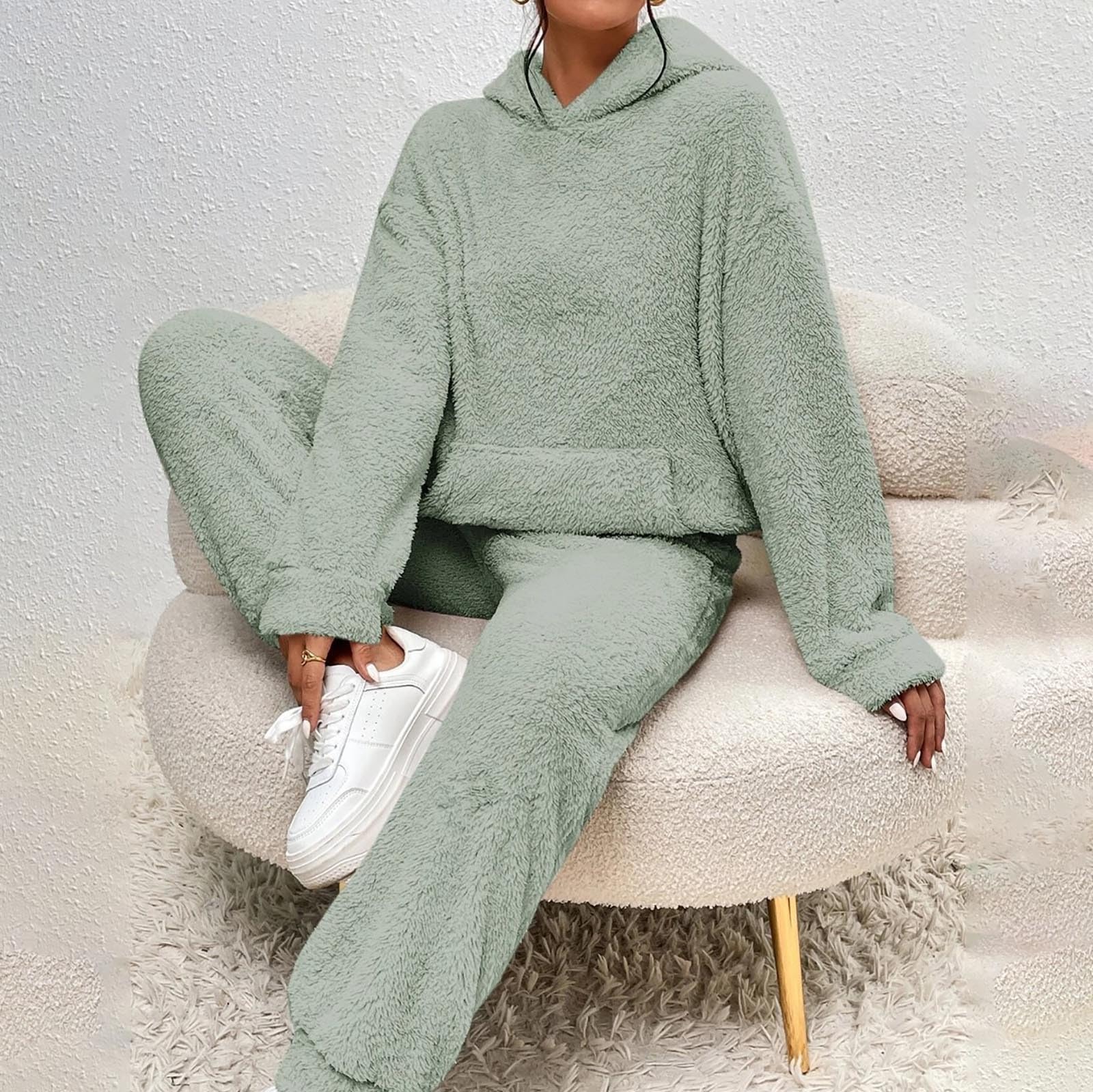 Generisch Traje de casa para mujer, pijama de forro polar, pijama largo y mullido, monocolor, sudadera y pantalón cálido, 2 piezas, traje de ocio, traje de ocio de invierno