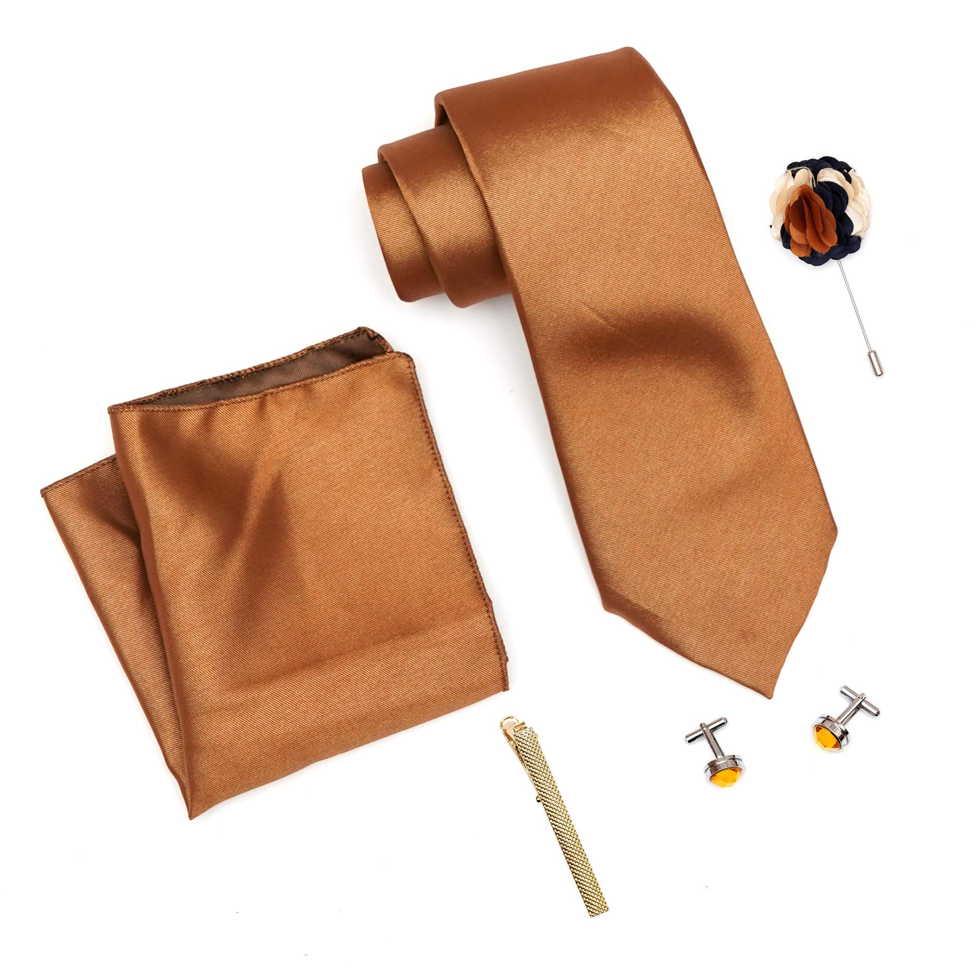 rizoro Mens Plaid Micro Self Silk Solid Golden Necktie Gift Set With Pocket Square Cufflinks Brooch Pin Men Tie Clip Formal Tie With Wooden Box For Gifting (RW_46, Free Size)-picture-27