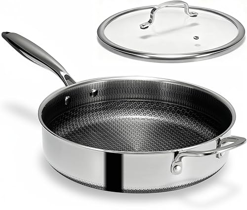 Freidoras no eléctricas Híbridas Antiadherentes de 5.5 cuartos de galón con tapa de vidrio templado, mango que se mantiene fresco, apto para