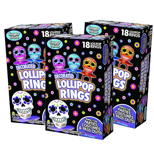 Miniatura 2 de Anillos de piruleta de calavera de azúcar del Día de los Muertos de Halloween, caja de 18 paquetes de 3