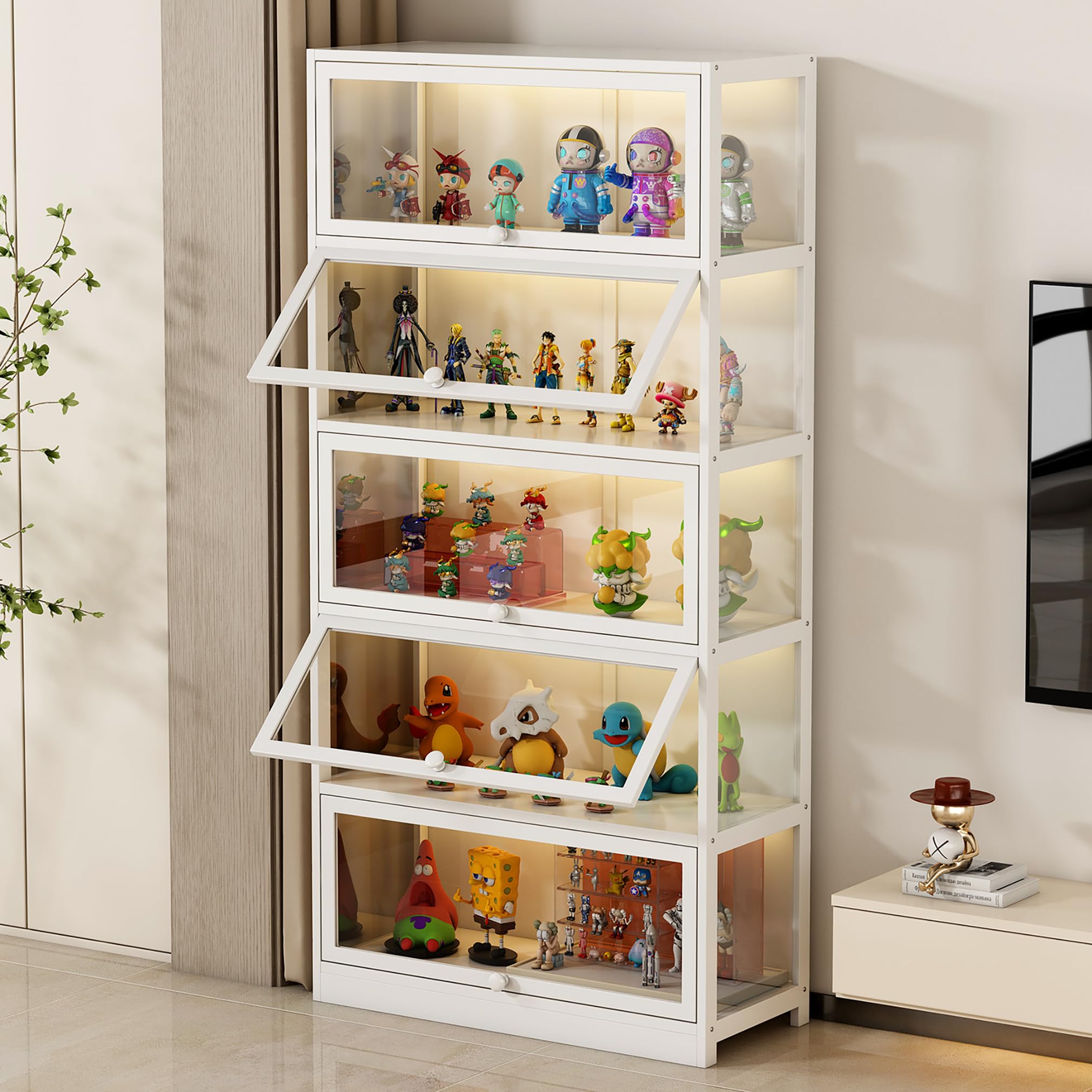 5-tier display cabinet with acrylic glass door curio display case for collectibles toy organizers rack amp display shelf kids bookshelf for home office playroom living roomwhite