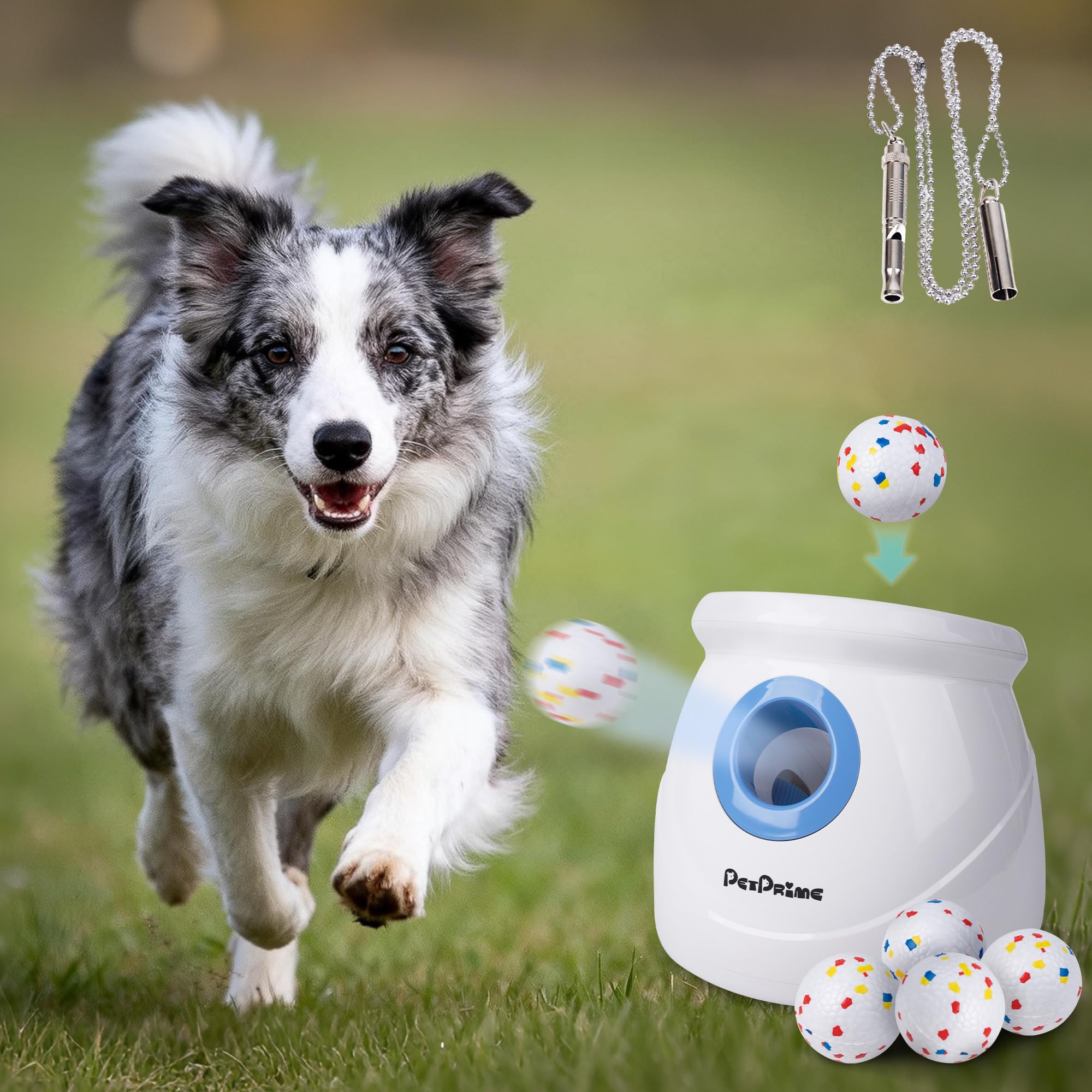 pet prime Large Automatic Dog Ball Launcher, Dog Ball Thrower Machine with Random Mode Pet Interactive Fetch Toy for Big Size Dogs, With 6 Non-Absorbent 6.35cm ETPU Balls & a Training Whistle
