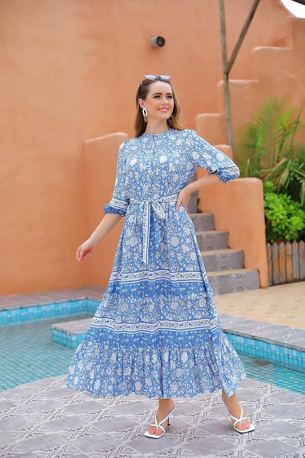 Women 3/4 Sleeves Front Buttons Floral Print Casual Bohemian Maxi Dresses - Image 8