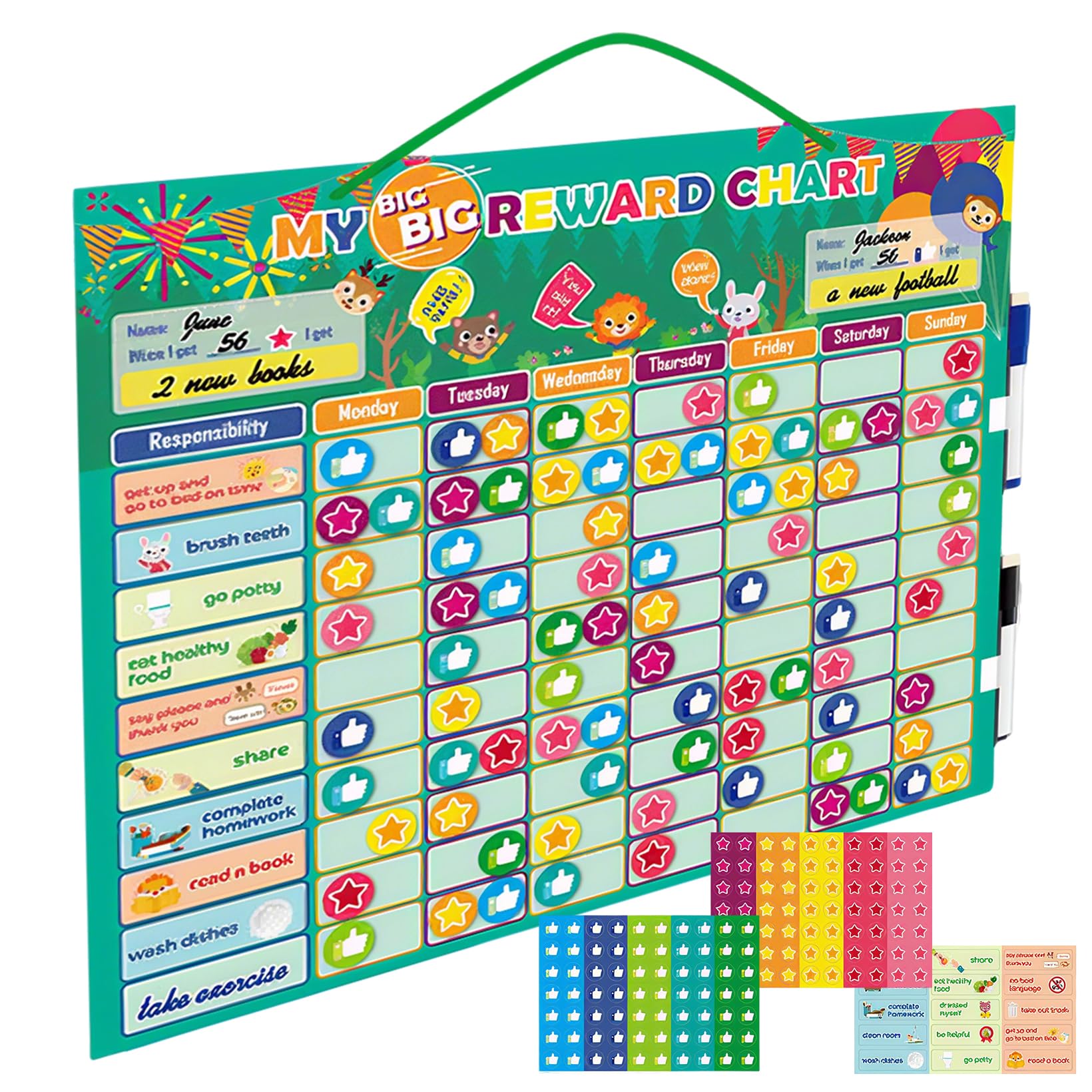 Lavagna magnetica per ricompensa per bambini, lavagna magnetica con 15 compiti e 70 magneti a stella e 70 pollici di altezza, lavagna premiata per bambini, Family Plan, Montessori Lavagna