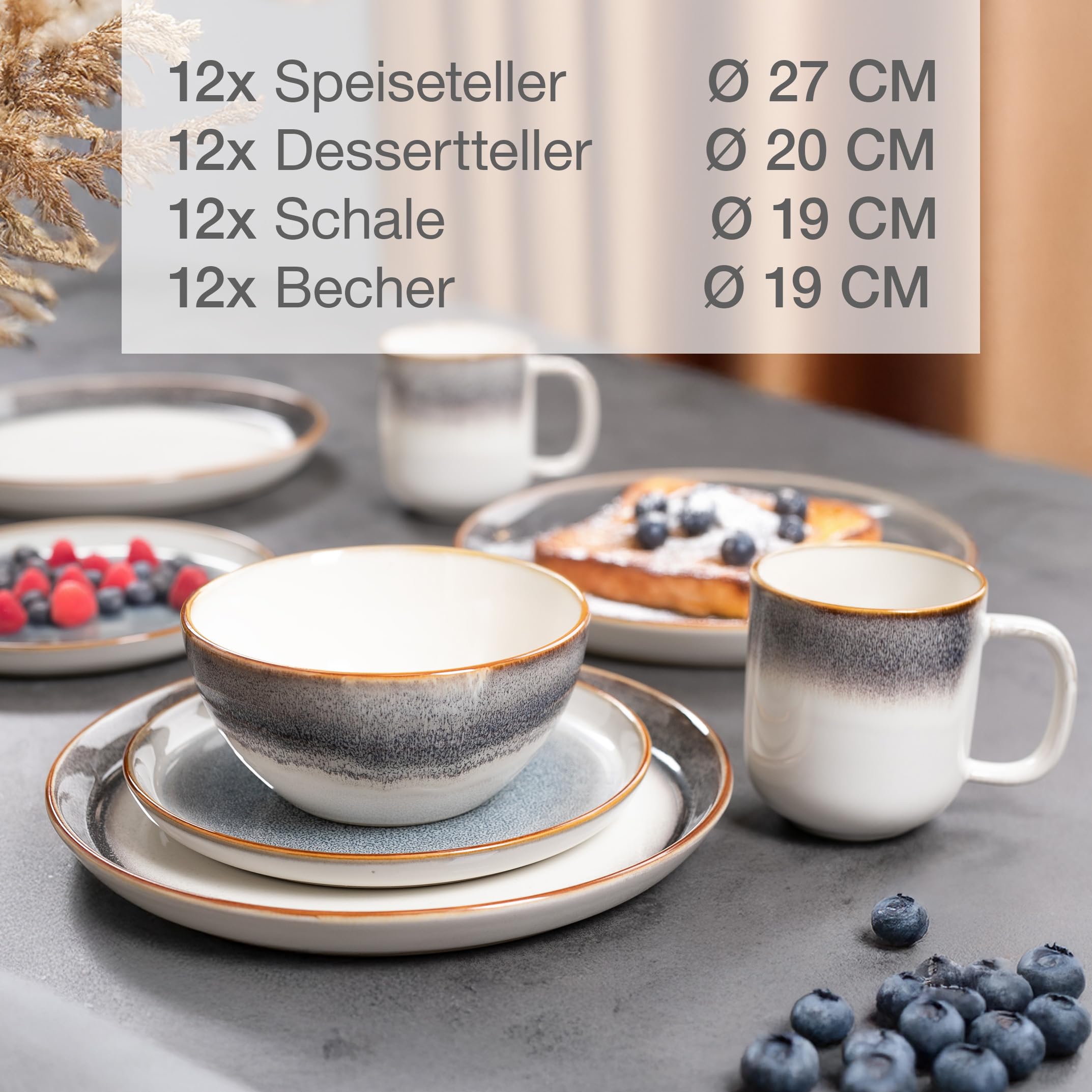 Moritz & Moritz TARENTO 48-tlg. Geschirrset 12 Personen Grau - Elegantes Teller Set aus hochwertigem Steinzeug - Geschirr Set aus 12x Dinnerteller, 12x Dessertteller, 12x Suppenteller & 12x Tassen