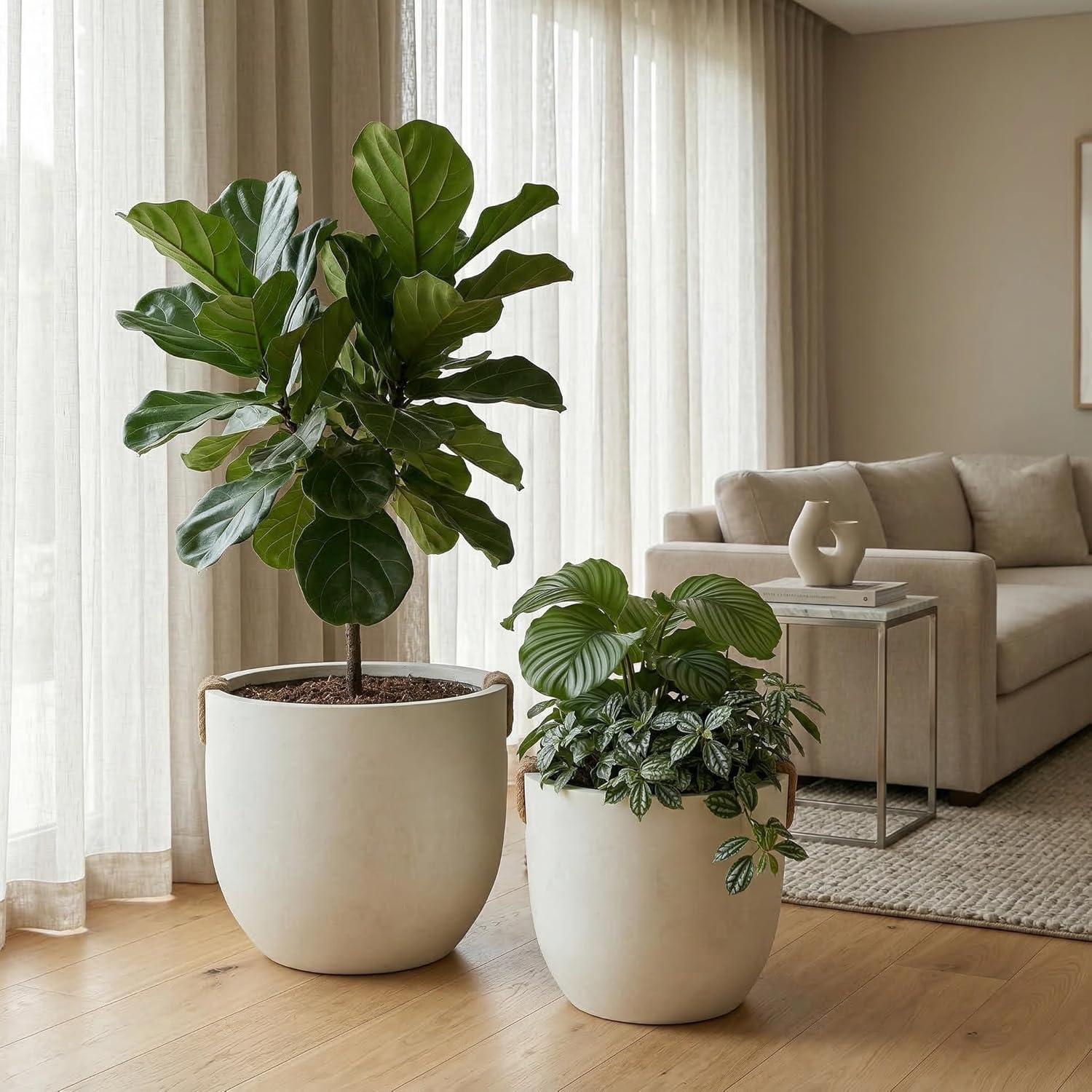 Large Off White Concrete Planter Set of 2, 15" & 18" Round Pots with Drainage Holes, Farmhouse Style Outdoor Decor for Front Porch, Entryway, Garden