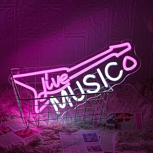 Miniatura 4 de LMSIGNLY Letrero de neón de música en vivo, letrero de neón de guitarra rosa, letrero LED de música en vivo, arte de pared para decoración de