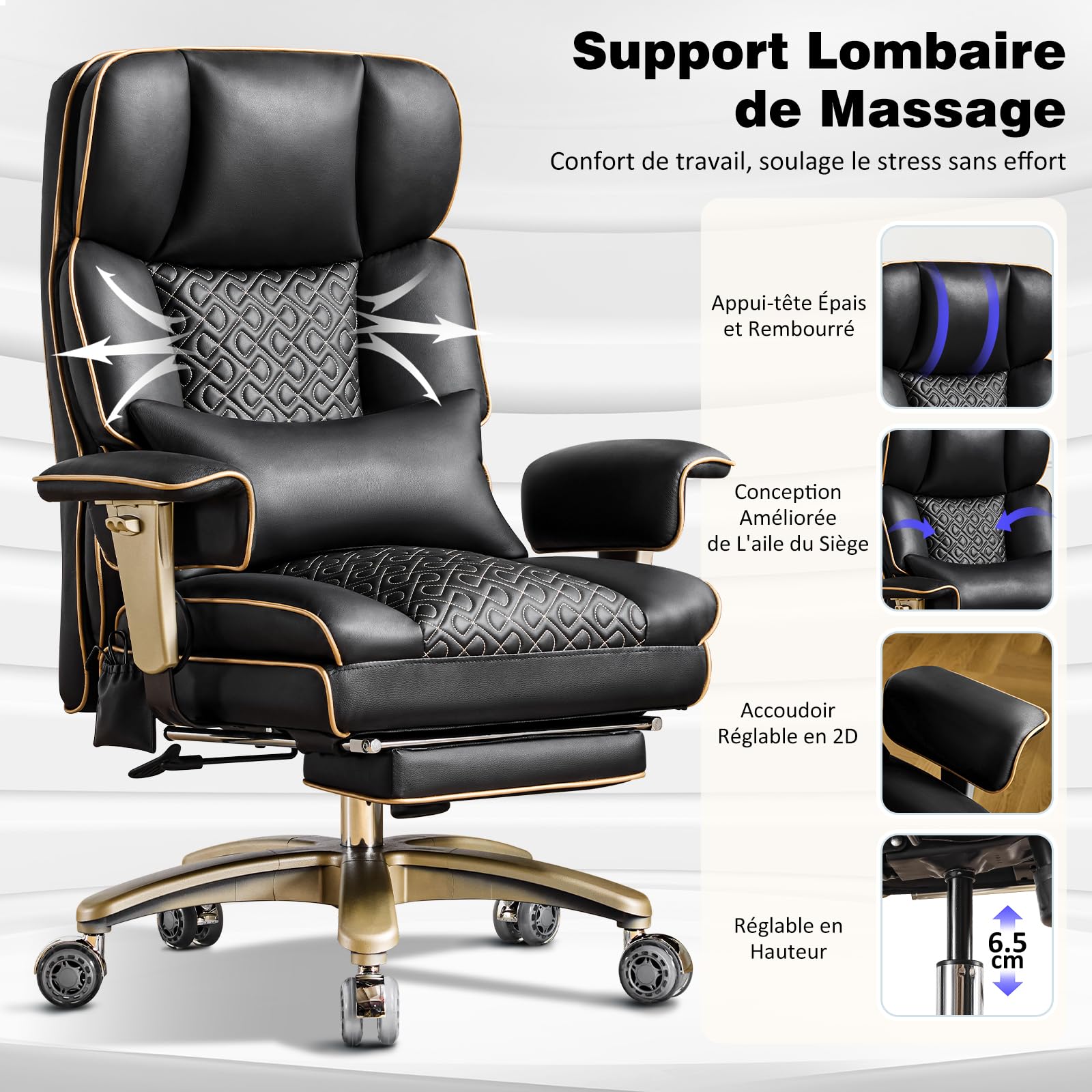 Chaise De Bureau Ergonomique Avec Accoudoirs Réglables Et Soutien Lombaire, Chaise De Direction Robuste En Cuir, Grande Et Haute, Supportant Jusqu'à 230 Kg, Avec Siège Réglable En Hauteur, Noir