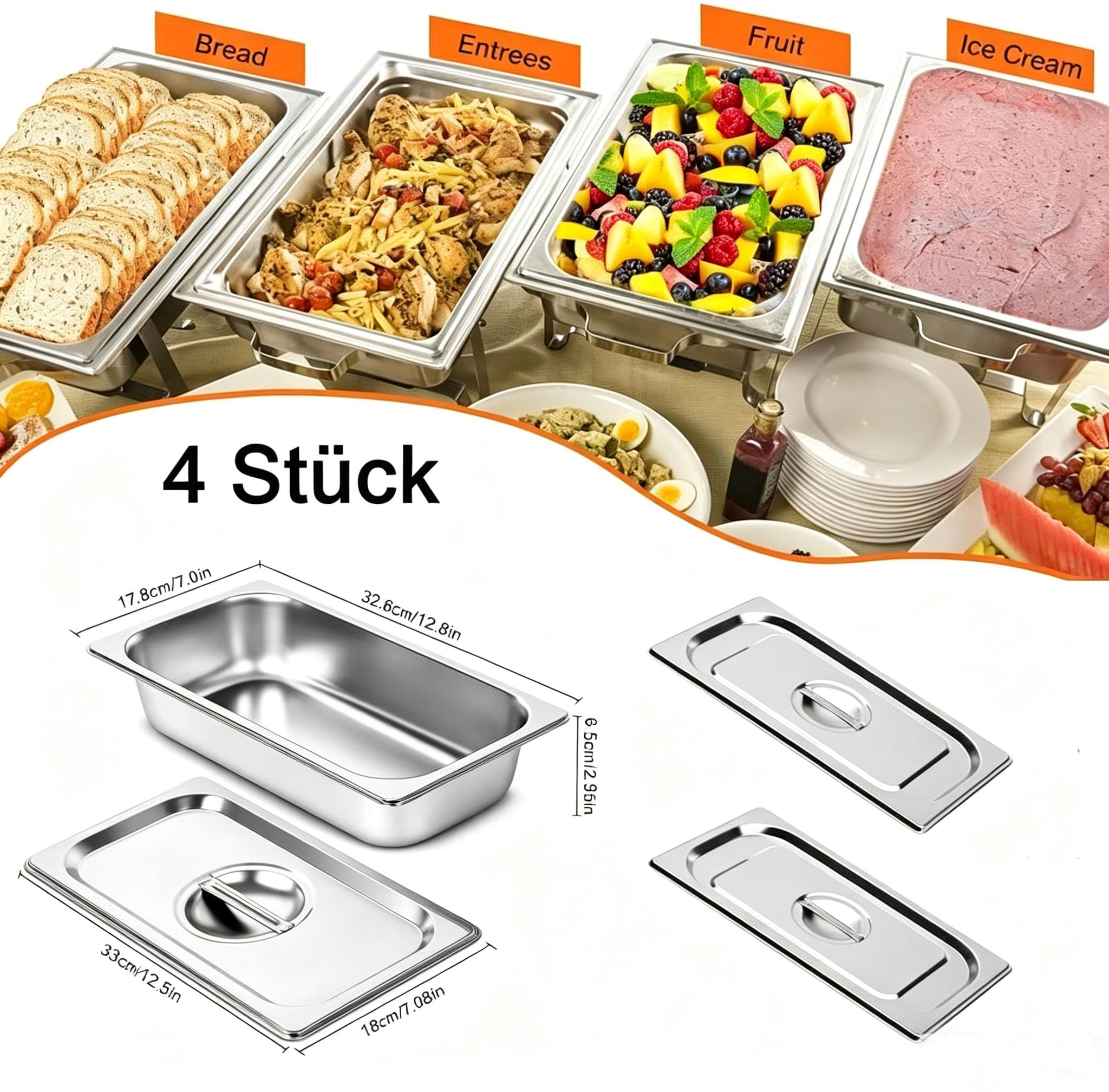 4 contenitori 1/3 in acciaio inox con coperchio, altezza 65 mm, contenitori per alimenti, per gastronorm, resistenti al calore, 32,5 x 17,5 x 6,5 cm