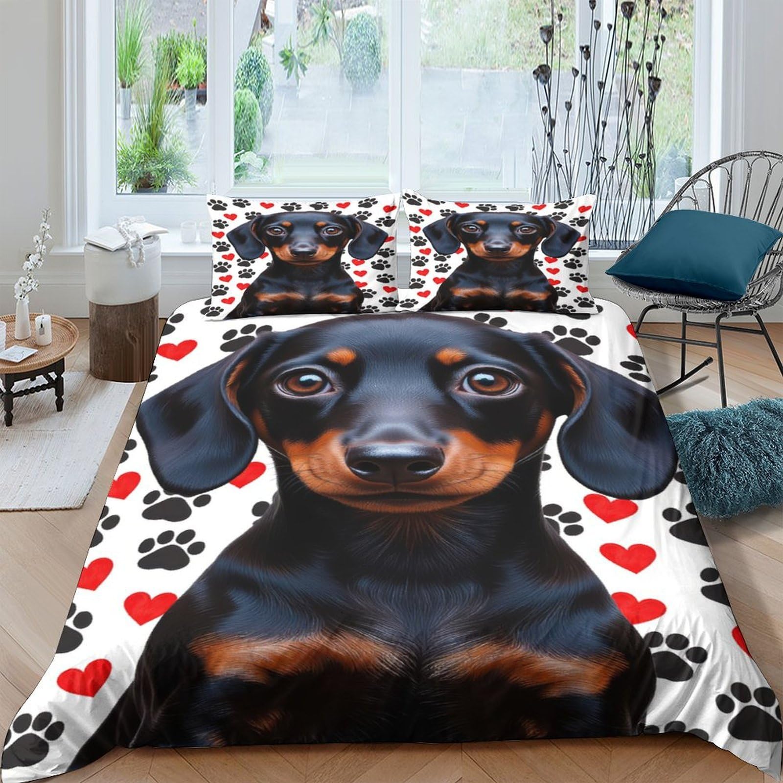 Ctjqhvkz Style-1 3D Printed Dachshund Dog Fitted Sheet Microfiber Soft Decorative Heart Paw Bed Cover For Bedroom Dorm Mattress Protection Single（135X200cm）