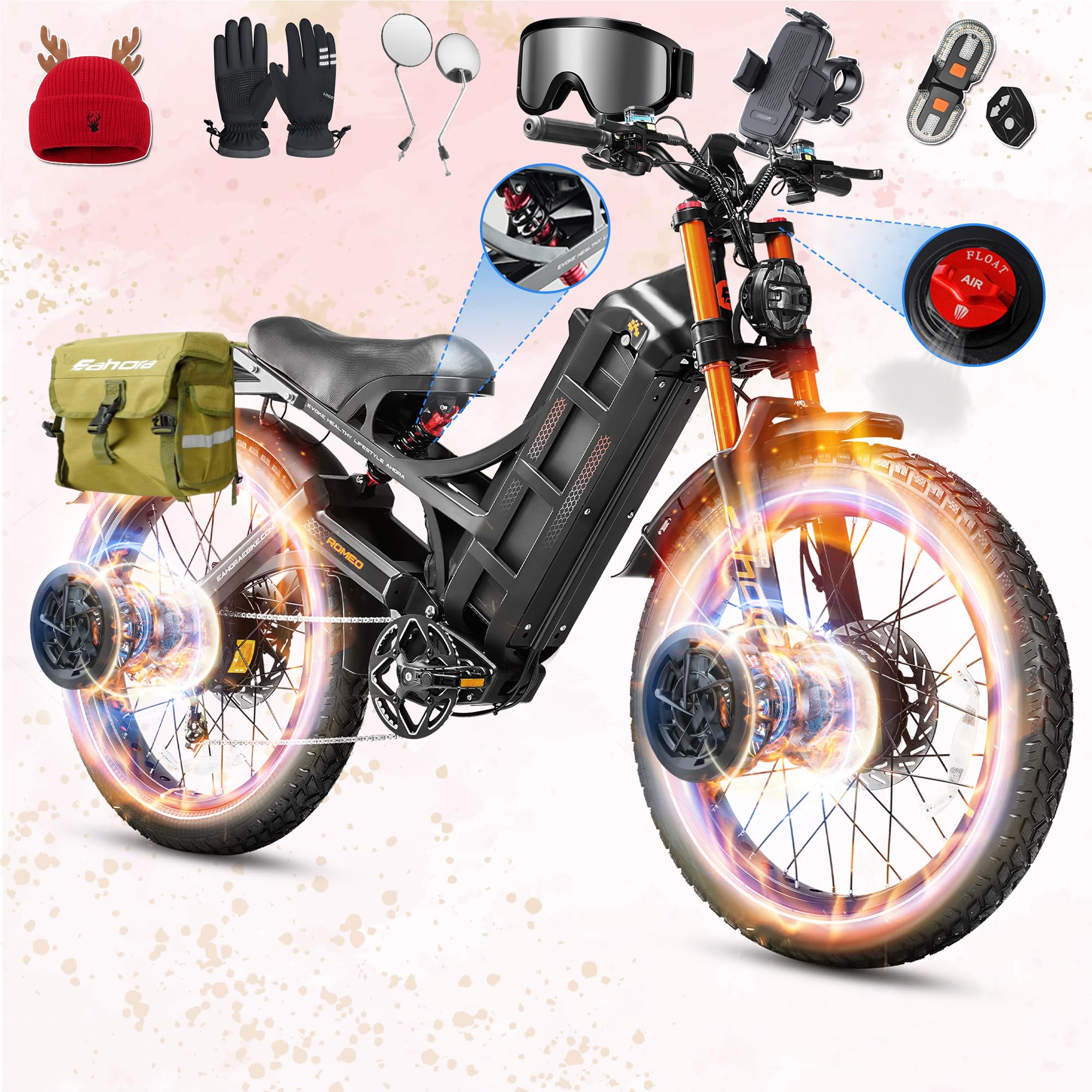 eAhora 2025 Romeo Pro 3/2 50-46Mph Electric Bike for Adults 5600W/4000W/2500W Dual Motor Ebike 60V/80Ah 52V/70Ah Long Range Fat Tire Full Suspension Electric Mountain Bicycle